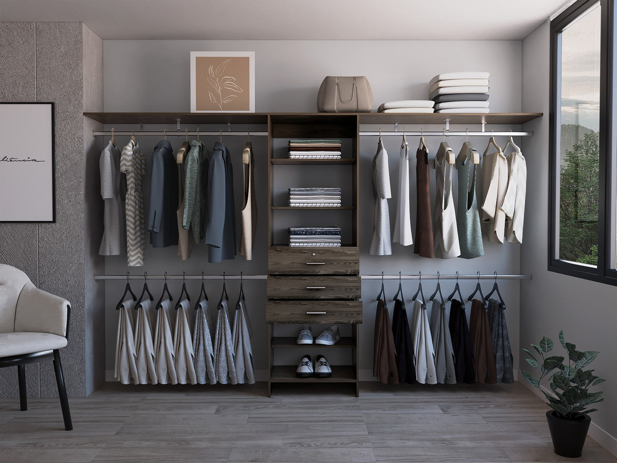 Closet System 69 inchW - 118 inchW, Four Hanging Rods, Three Drawers, Five Shelves, Dark Walnut