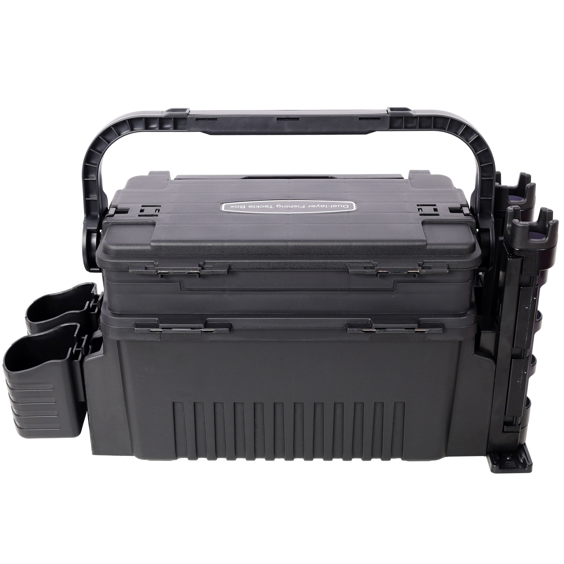 Dual-layer Fishing Tackle Box,Tackle Box Organizer Fishing Box Large,With 2pcs Rod Holder,2pcs Cup Holder,1pc Carring Strap,Black
