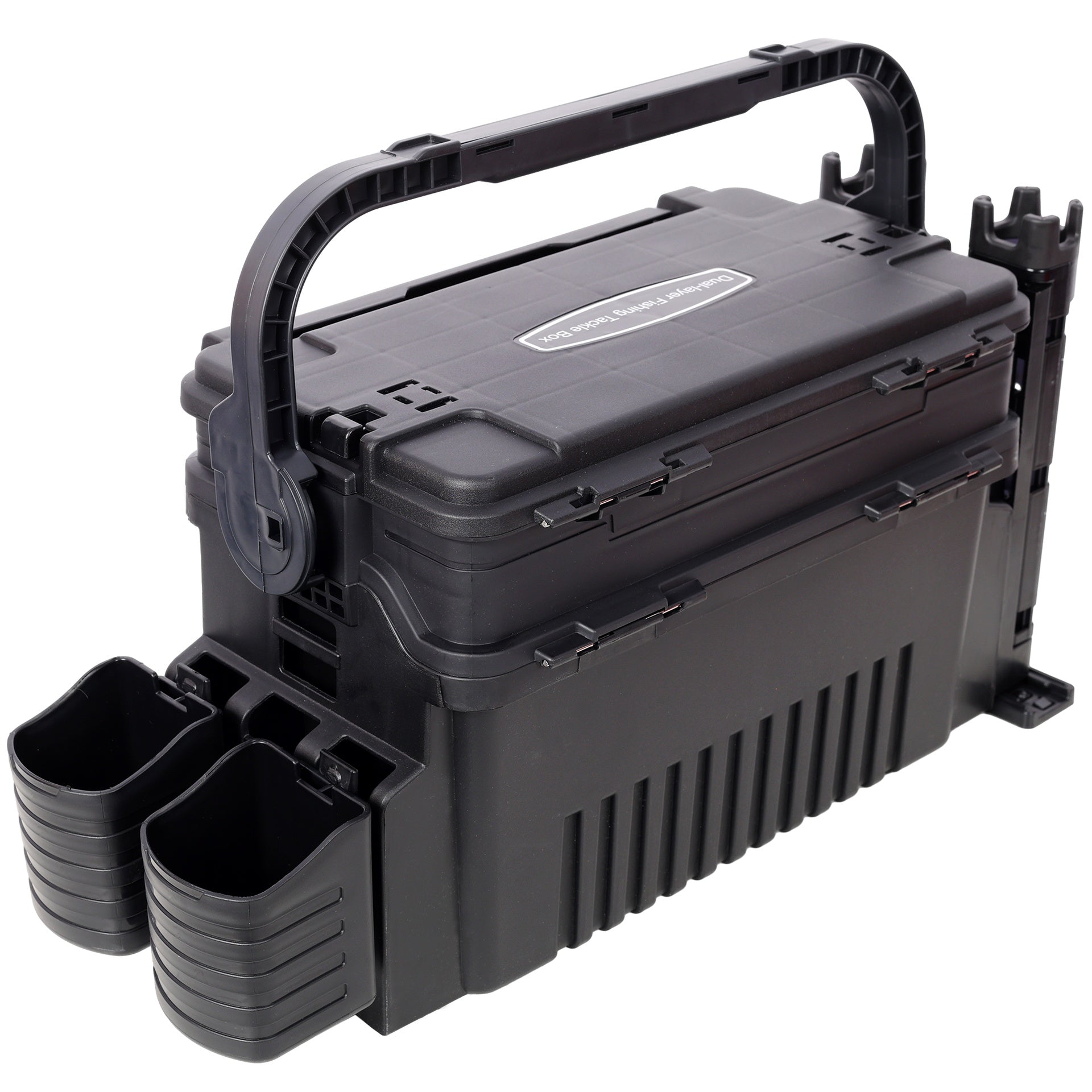 Dual-layer Fishing Tackle Box,Tackle Box Organizer Fishing Box Large,With 2pcs Rod Holder,2pcs Cup Holder,1pc Carring Strap,Black