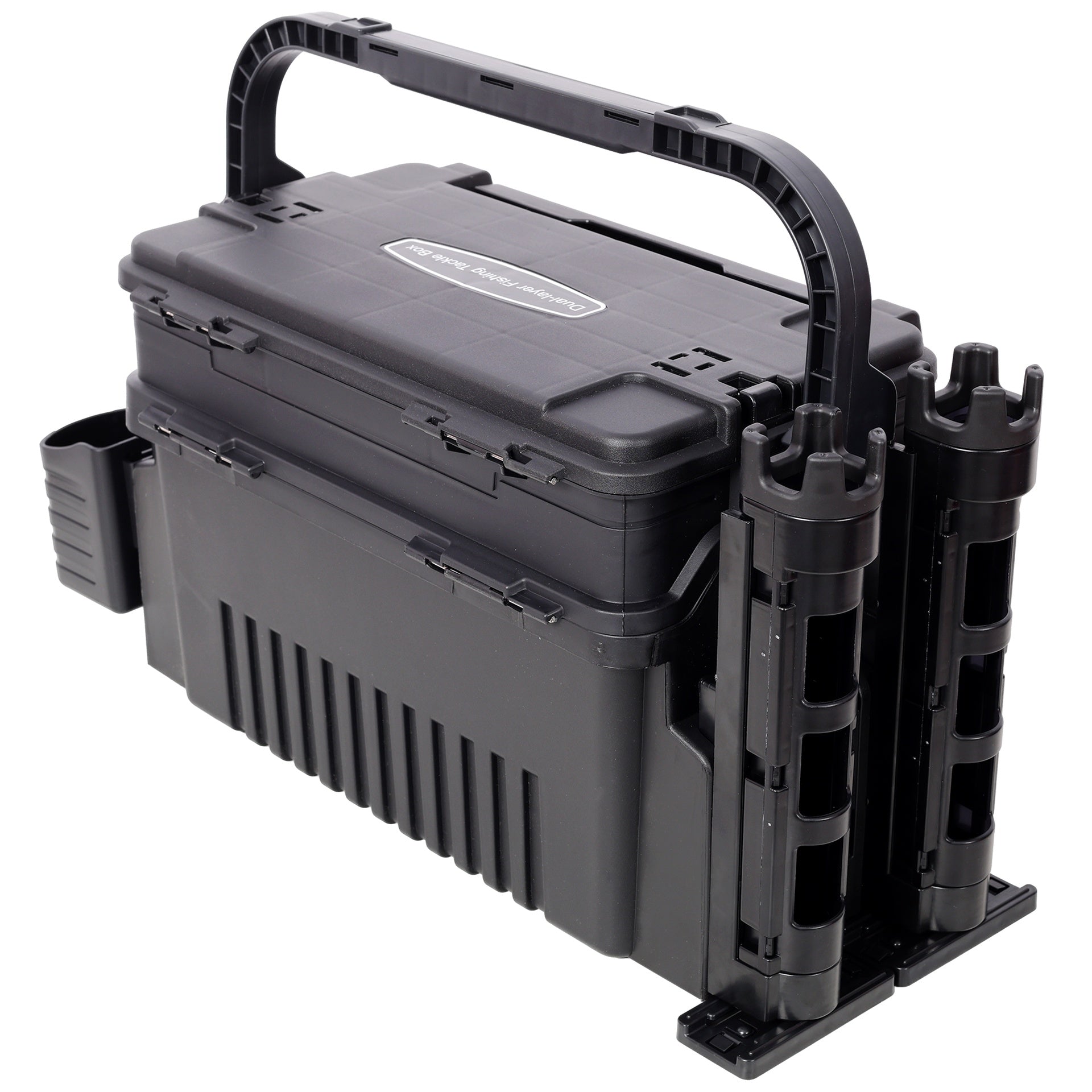 Dual-layer Fishing Tackle Box,Tackle Box Organizer Fishing Box Large,With 2pcs Rod Holder,2pcs Cup Holder,1pc Carring Strap,Black