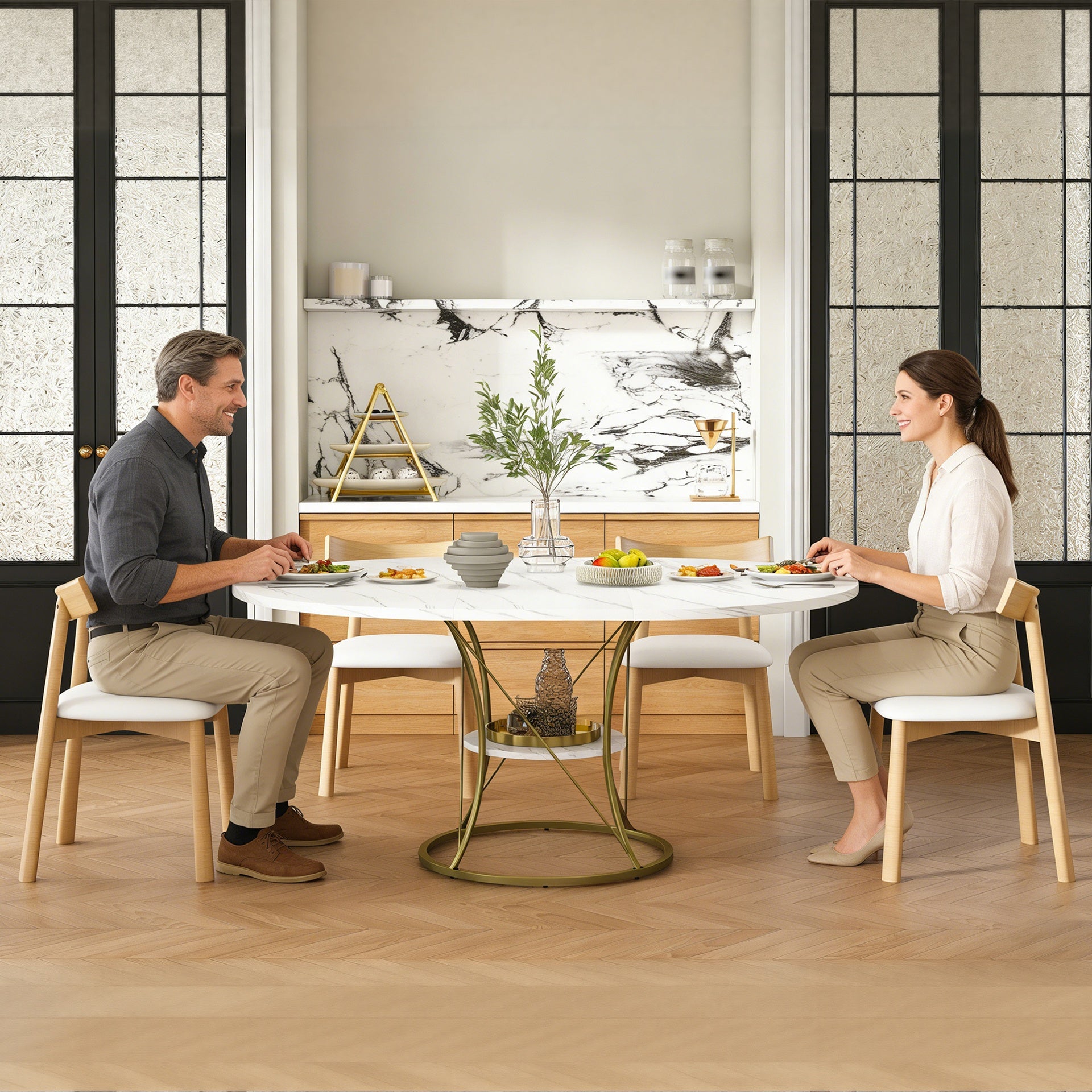43 Inch Round Extendable Dining Table Set for 4-6 with 4 Solid Wood Chairs, Rail-Free Manual Extension Table with Marble Veneer & Gold Metal Base, Expandable Farmhouse Table from 43 to 59 Inch