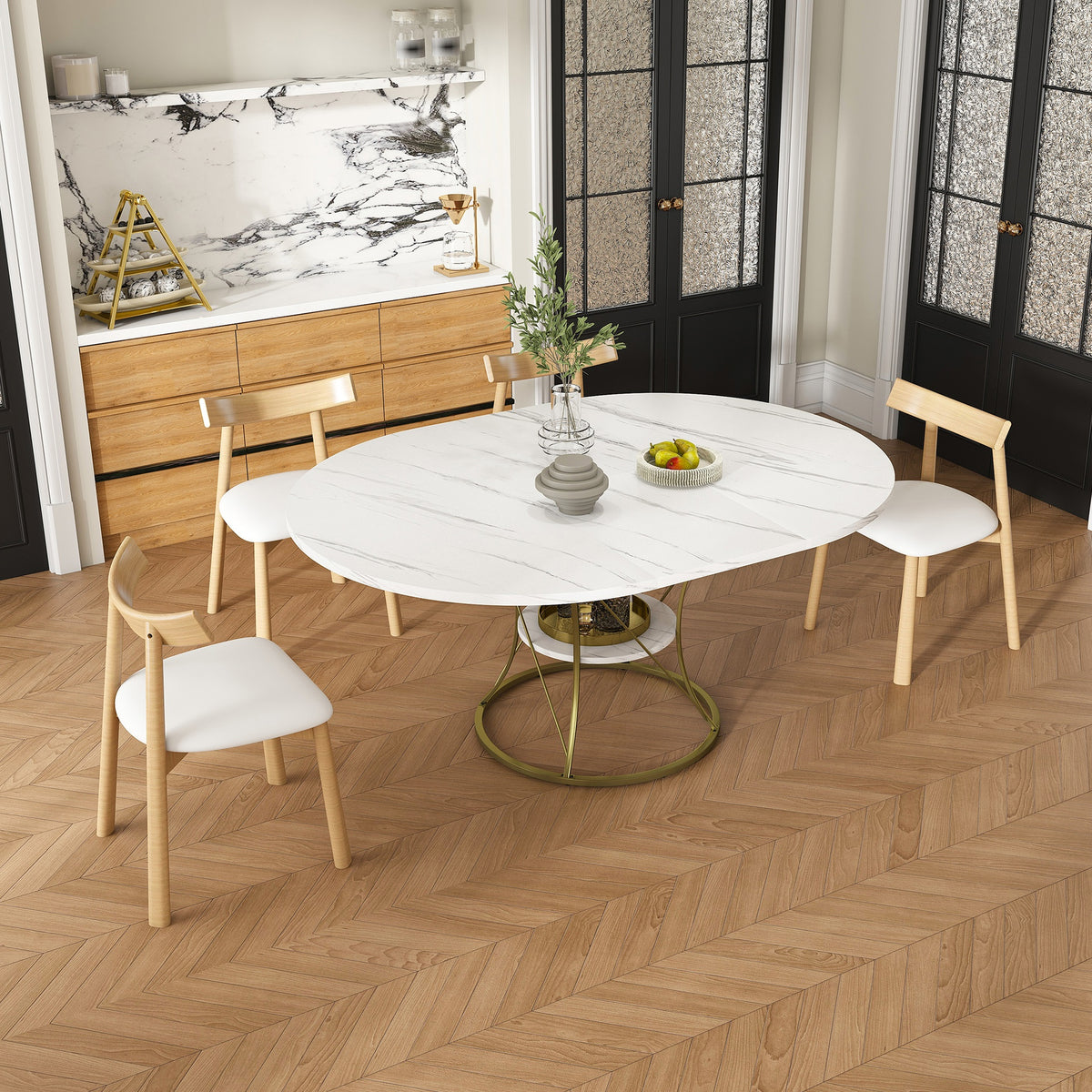 43 Inch Round Extendable Dining Table Set for 4-6 with 4 Solid Wood Chairs, Rail-Free Manual Extension Table with Marble Veneer & Gold Metal Base, Expandable Farmhouse Table from 43 to 59 Inch