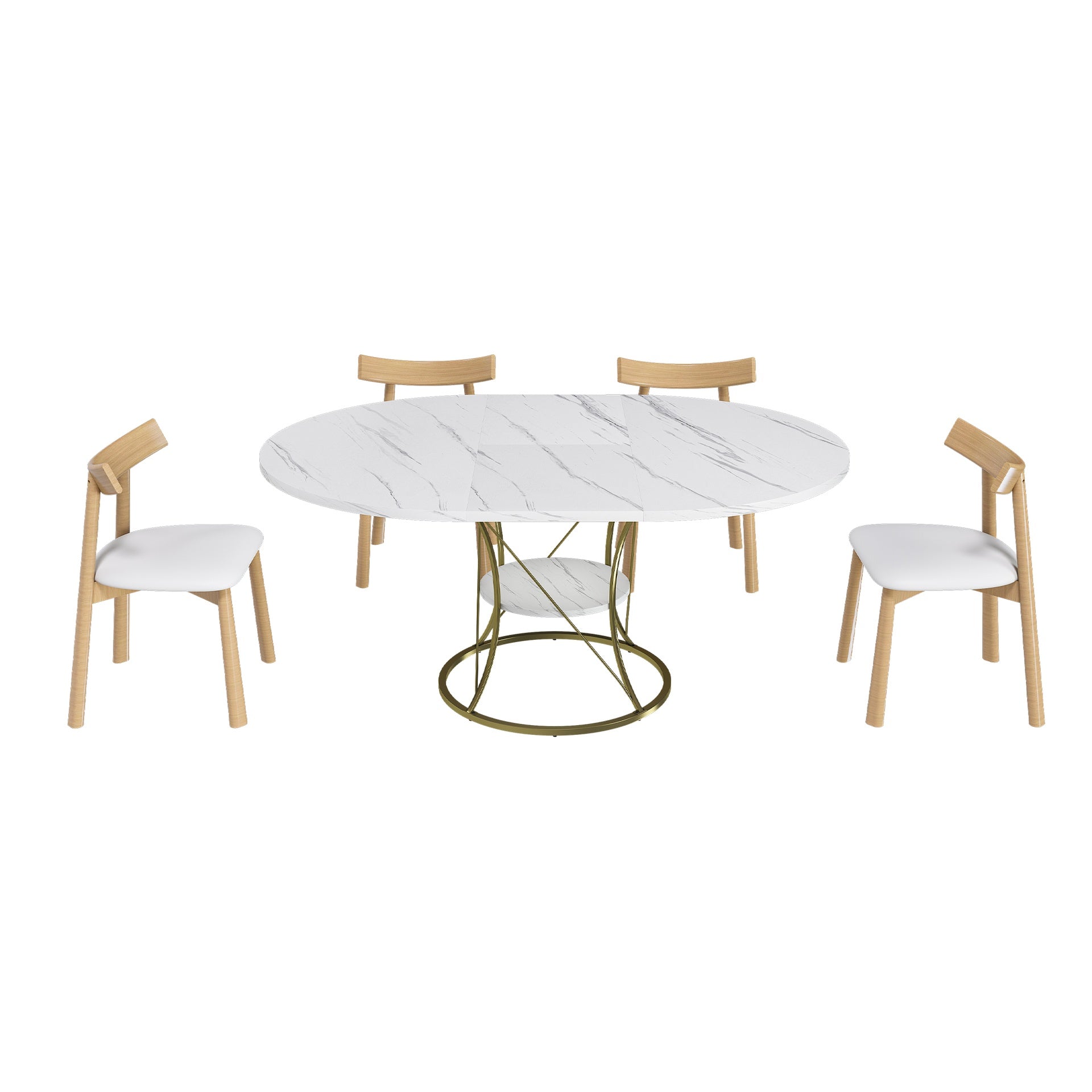 43 Inch Round Extendable Dining Table Set for 4-6 with 4 Solid Wood Chairs, Rail-Free Manual Extension Table with Marble Veneer & Gold Metal Base, Expandable Farmhouse Table from 43 to 59 Inch
