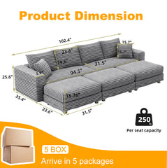 102.4 "Plush Corduroy 4-Seat Sofa,Modern Comfy Upholstered Sofa Cloud Couch,Deep Seat Couches with Soft Pillows and 3 Ottomans,Convertible Sofa Lounge Chair,Grey