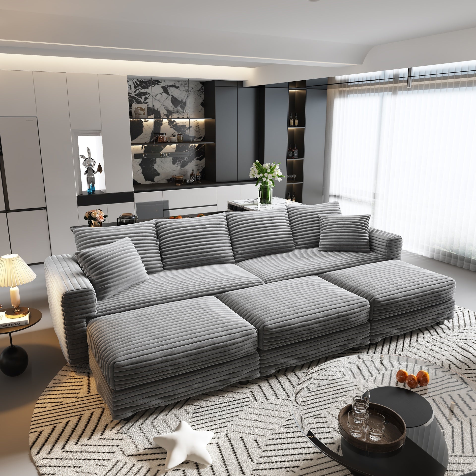 102.4 "Plush Corduroy 4-Seat Sofa,Modern Comfy Upholstered Sofa Cloud Couch,Deep Seat Couches with Soft Pillows and 3 Ottomans,Convertible Sofa Lounge Chair,Grey