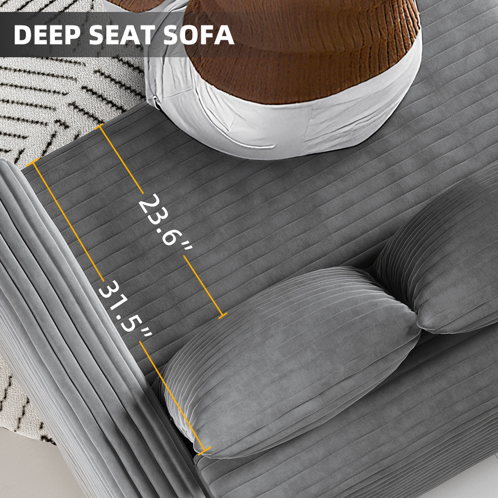 102.4 "Plush Corduroy 4-Seat Sofa,Modern Comfy Upholstered Sofa Cloud Couch,Deep Seat Couches with Soft Pillows and 3 Ottomans,Convertible Sofa Lounge Chair,Grey