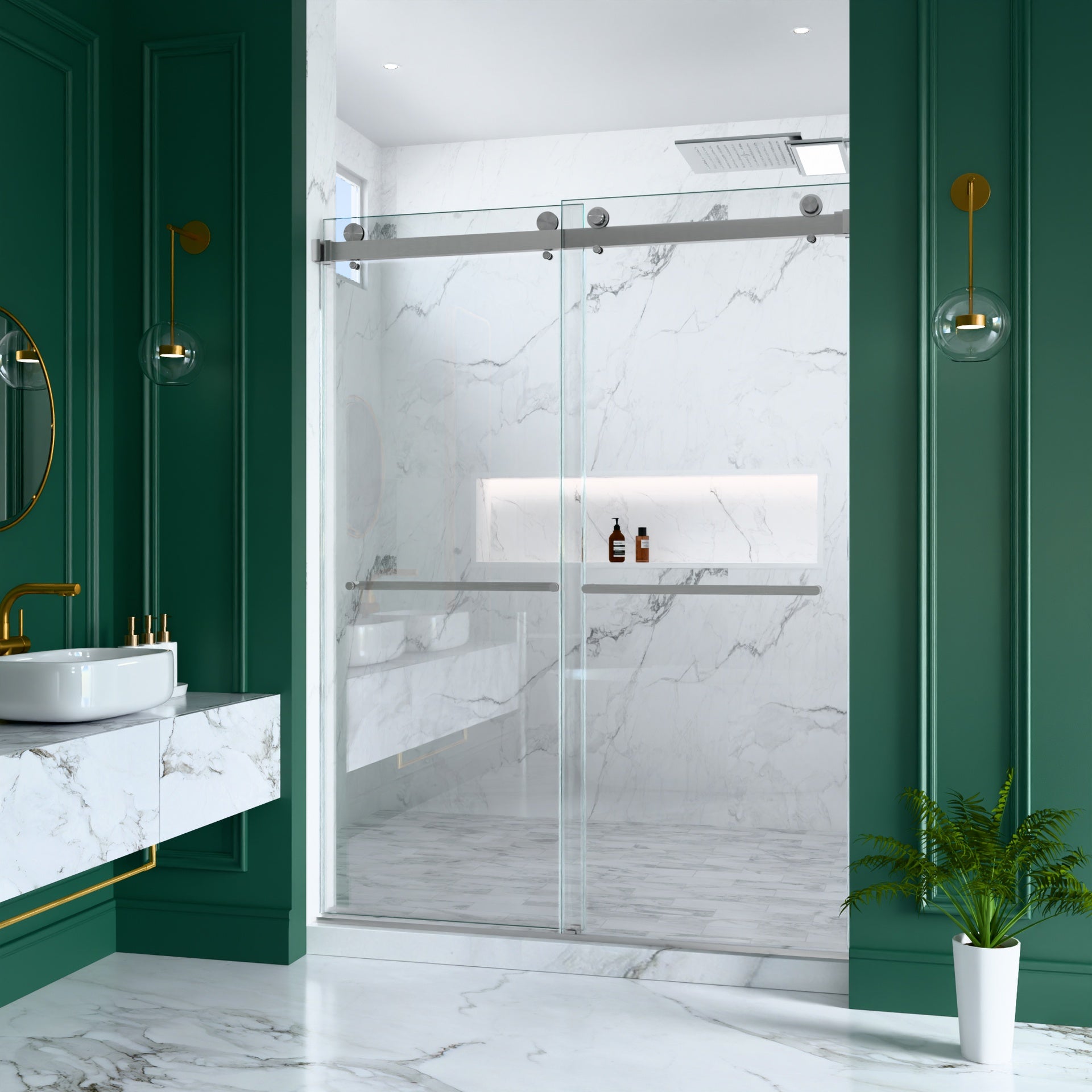 56"-60"W x 80"H Frameless Double Sliding  Shower Door, 3/8 inches (10mm) Thick SGCC Tempered Glass Door, Brushed Nickel
