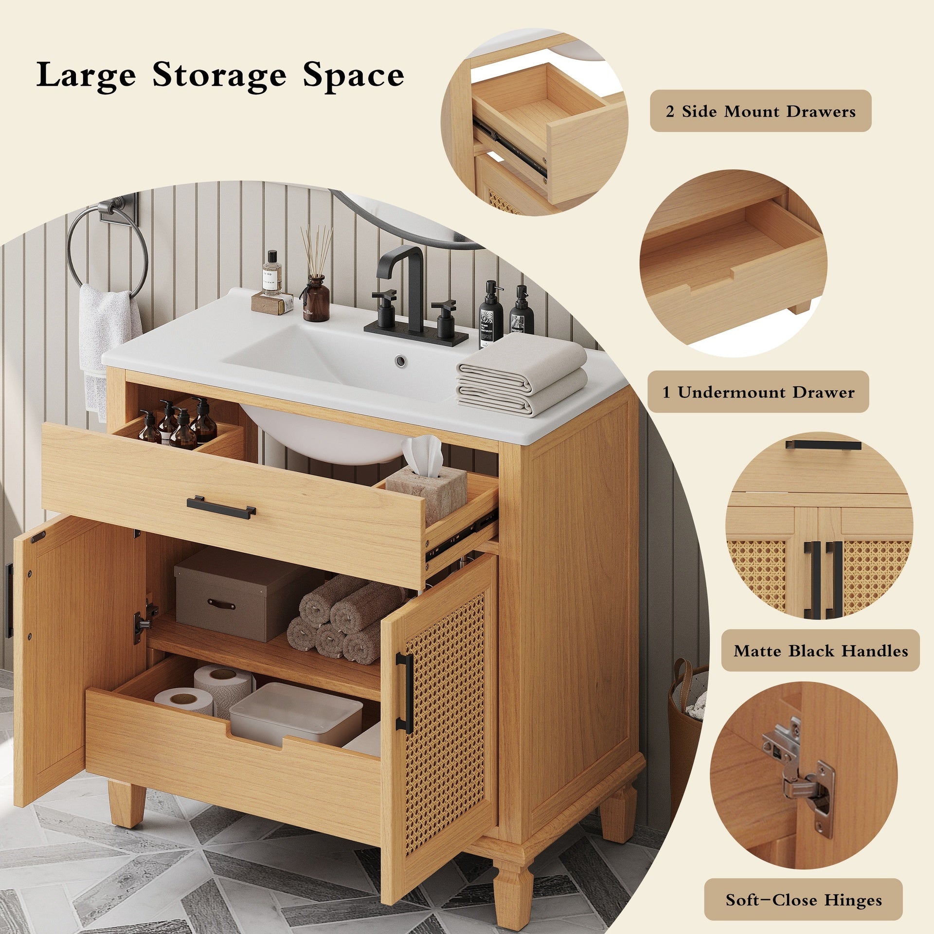 36" Rattan Bathroom Vanity with Ceramic Sink, Modern Bathroom Sink Cabinet with Soft Close Doors and Drawers, Free-standing Bathroom Vanity with Solid Wood Legs and Large Space Storage, Natural