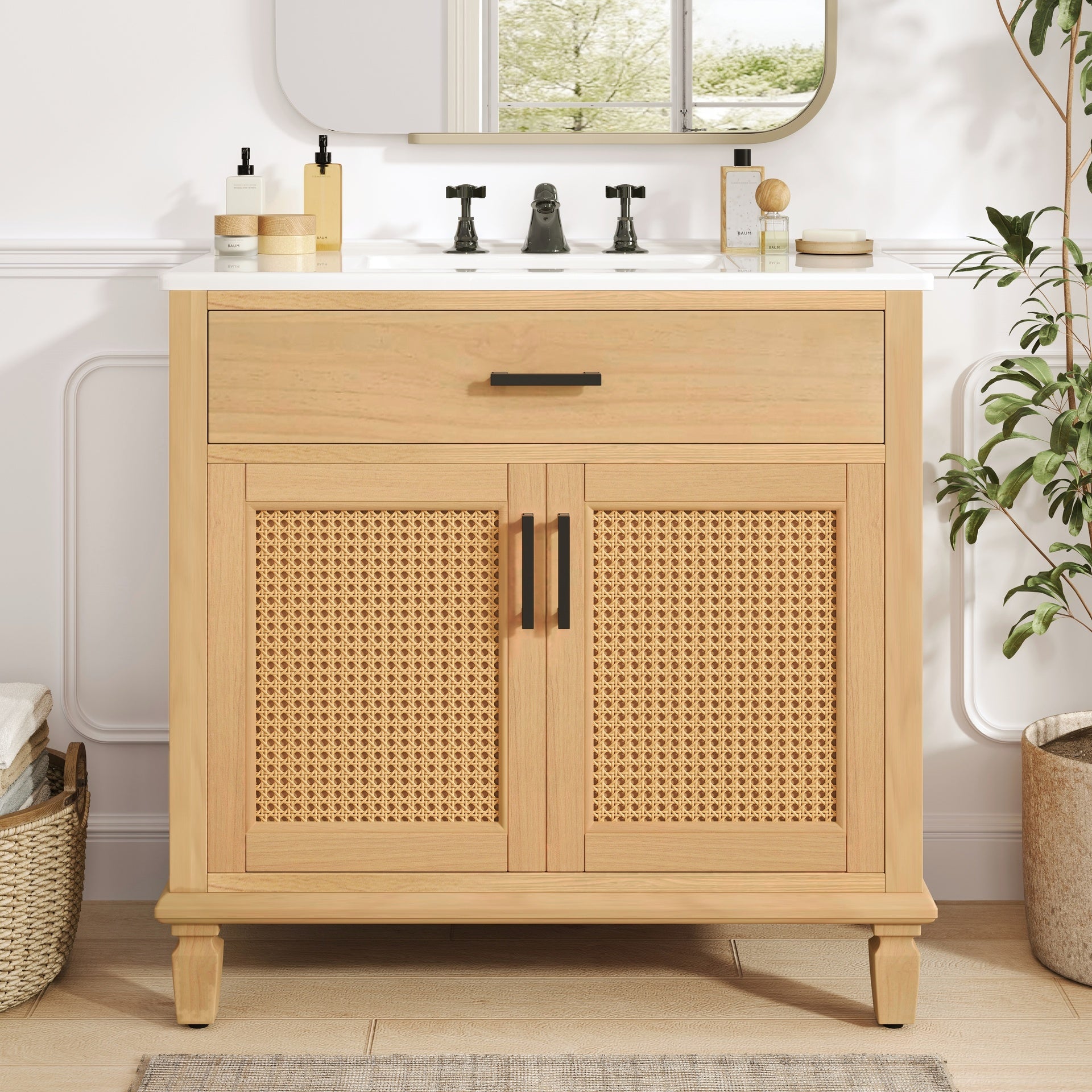 36" Rattan Bathroom Vanity with Ceramic Sink, Modern Bathroom Sink Cabinet with Soft Close Doors and Drawers, Free-standing Bathroom Vanity with Solid Wood Legs and Large Space Storage, Natural