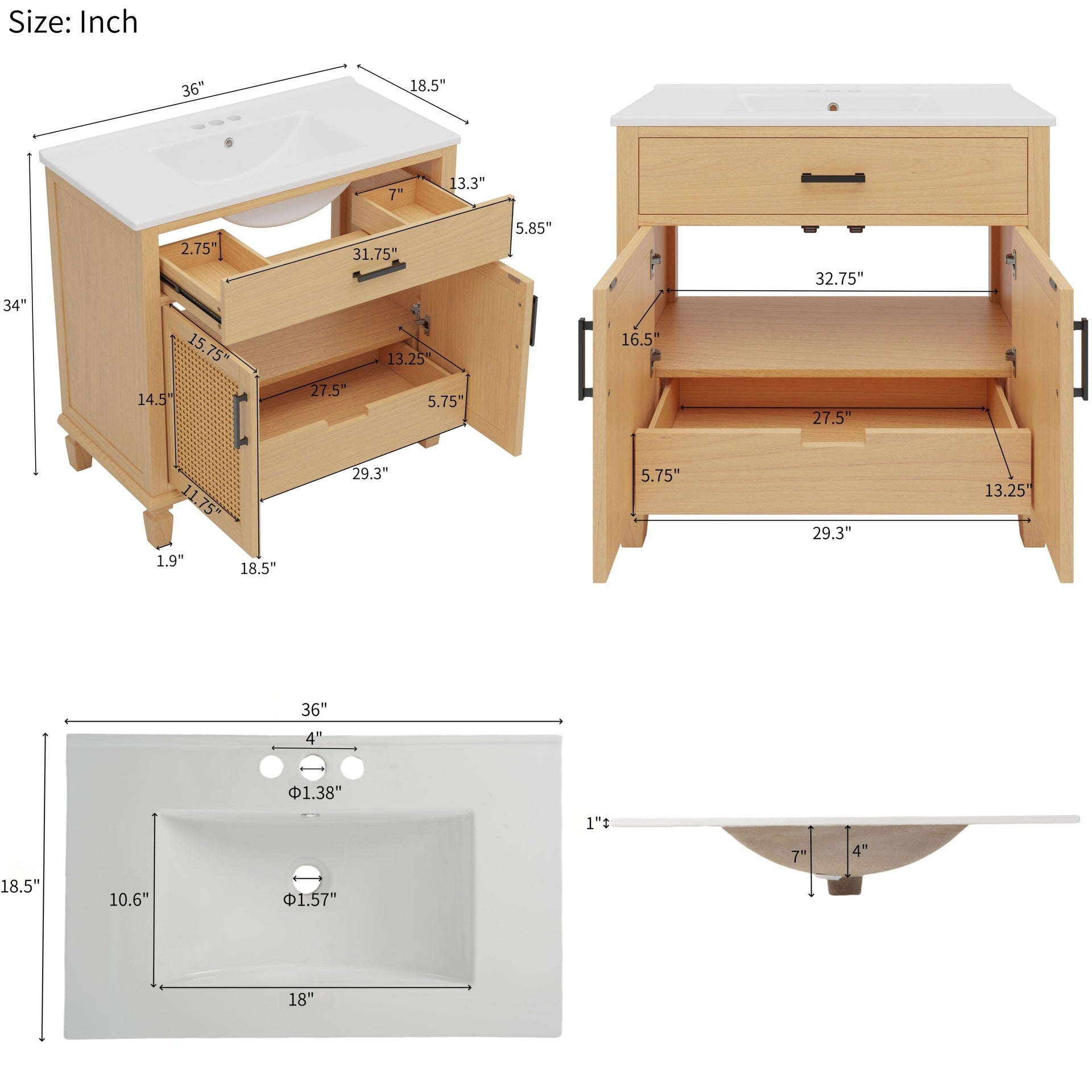 36" Rattan Bathroom Vanity with Ceramic Sink, Modern Bathroom Sink Cabinet with Soft Close Doors and Drawers, Free-standing Bathroom Vanity with Solid Wood Legs and Large Space Storage, Natural