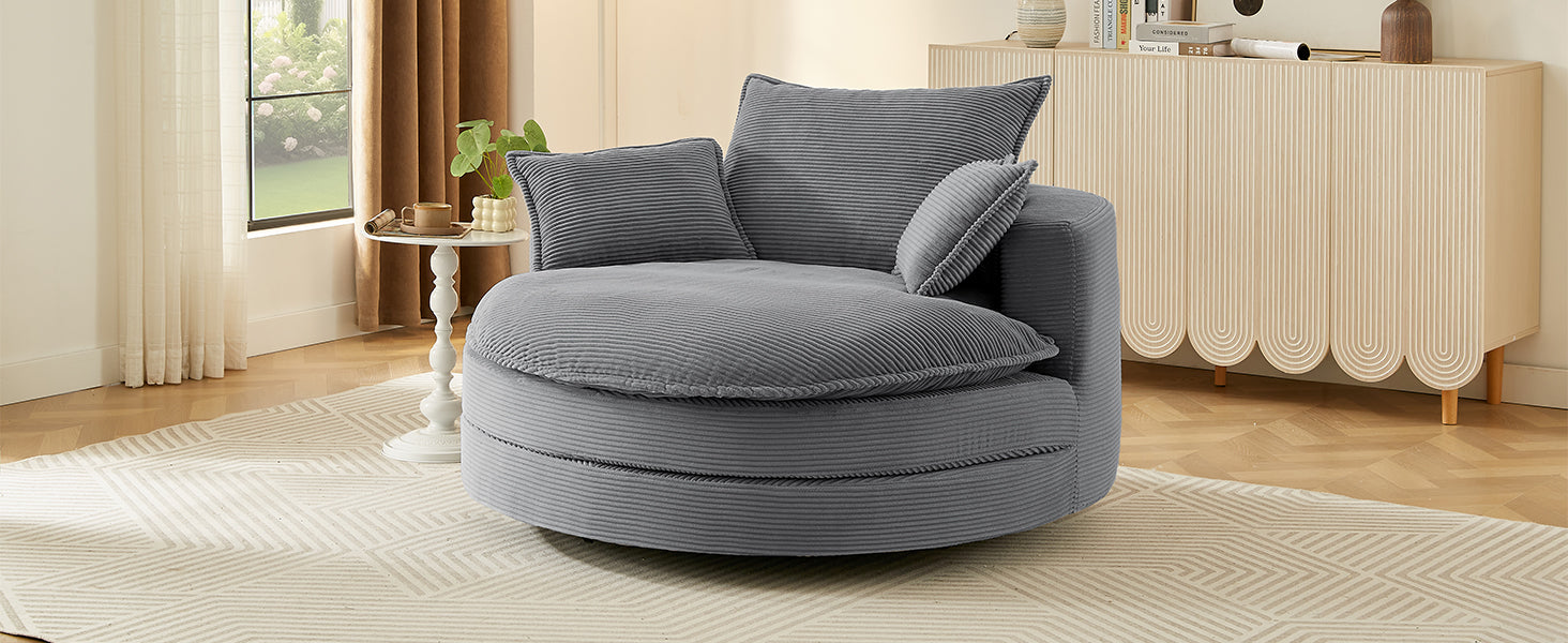 360° Swivel Sofa Chair Accent Barrel Chair 57.5"  Swivel Round Chair with Dual-layer Cushion Design and 3 Removable Pillows for Living Room, Bedroom, Office and Hotel, Grey