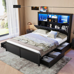 King Bed Frame with High Storage Headboard,  Bed Frame with  LED light and Charging Station , 4 Storage Drawers , No Box Spring Needed/Noise Free/All-Metal Support, Black