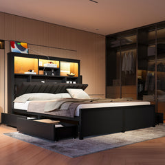 King Bed Frame with High Storage Headboard,  Bed Frame with  LED light and Charging Station , 4 Storage Drawers , No Box Spring Needed/Noise Free/All-Metal Support, Black