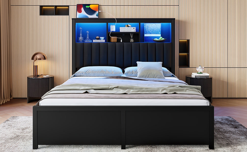 King Bed Frame with High Storage Headboard,  Bed Frame with  LED light and Charging Station , 4 Storage Drawers , No Box Spring Needed/Noise Free/All-Metal Support, Black