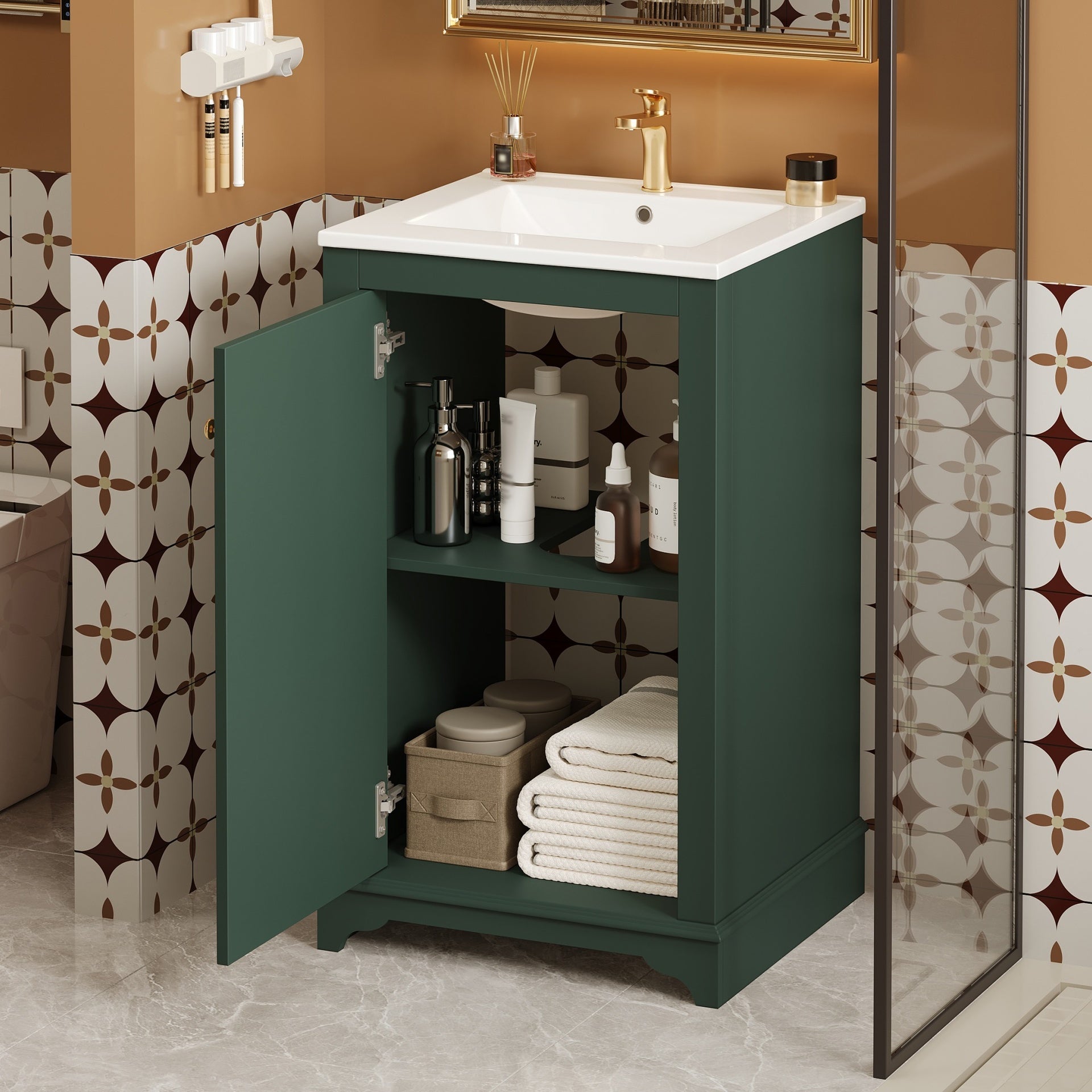 20-inch Bathroom Vanity with Ceramic Sink, Freestanding Single Vanity Set with Soft Closing Door, adjustable shelf, Modern Style, Green.