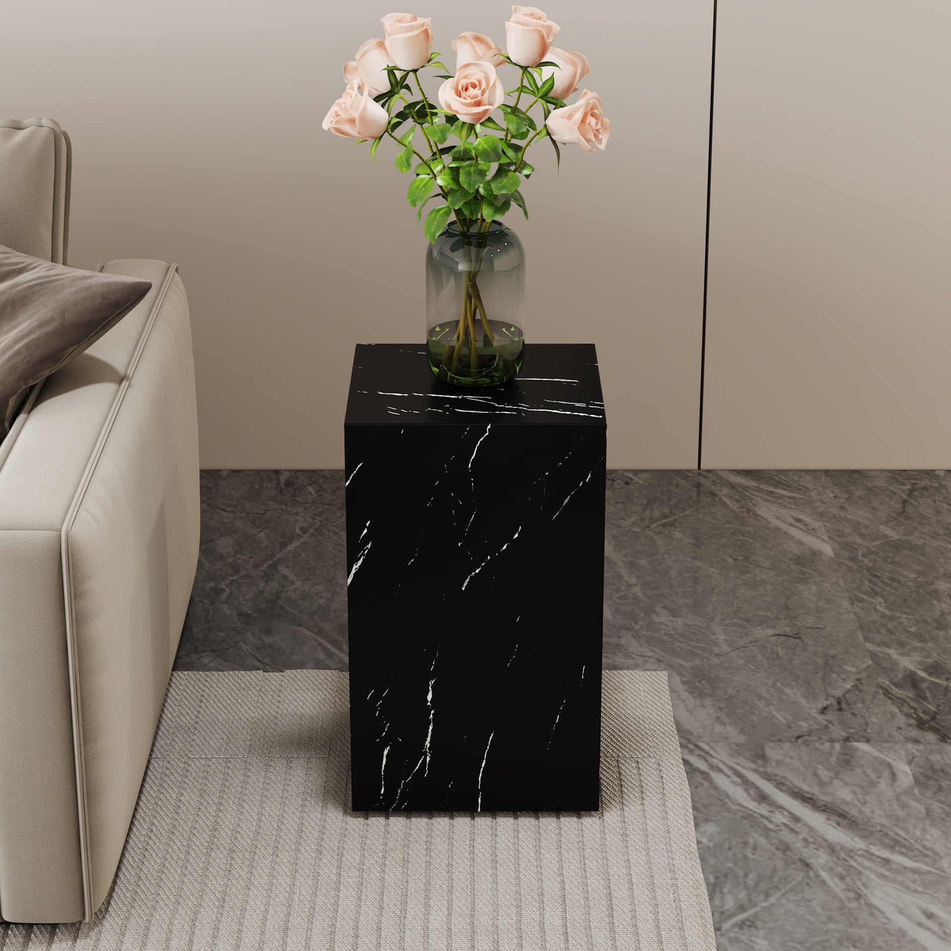 11.8*11.8*19.6 Inch Black Marble Texture MDF Coffee Table - Luxurious Design, Perfect Living Room Accent.Rectangular fashion texture design coffee table, suitable for various situations and scenes.
