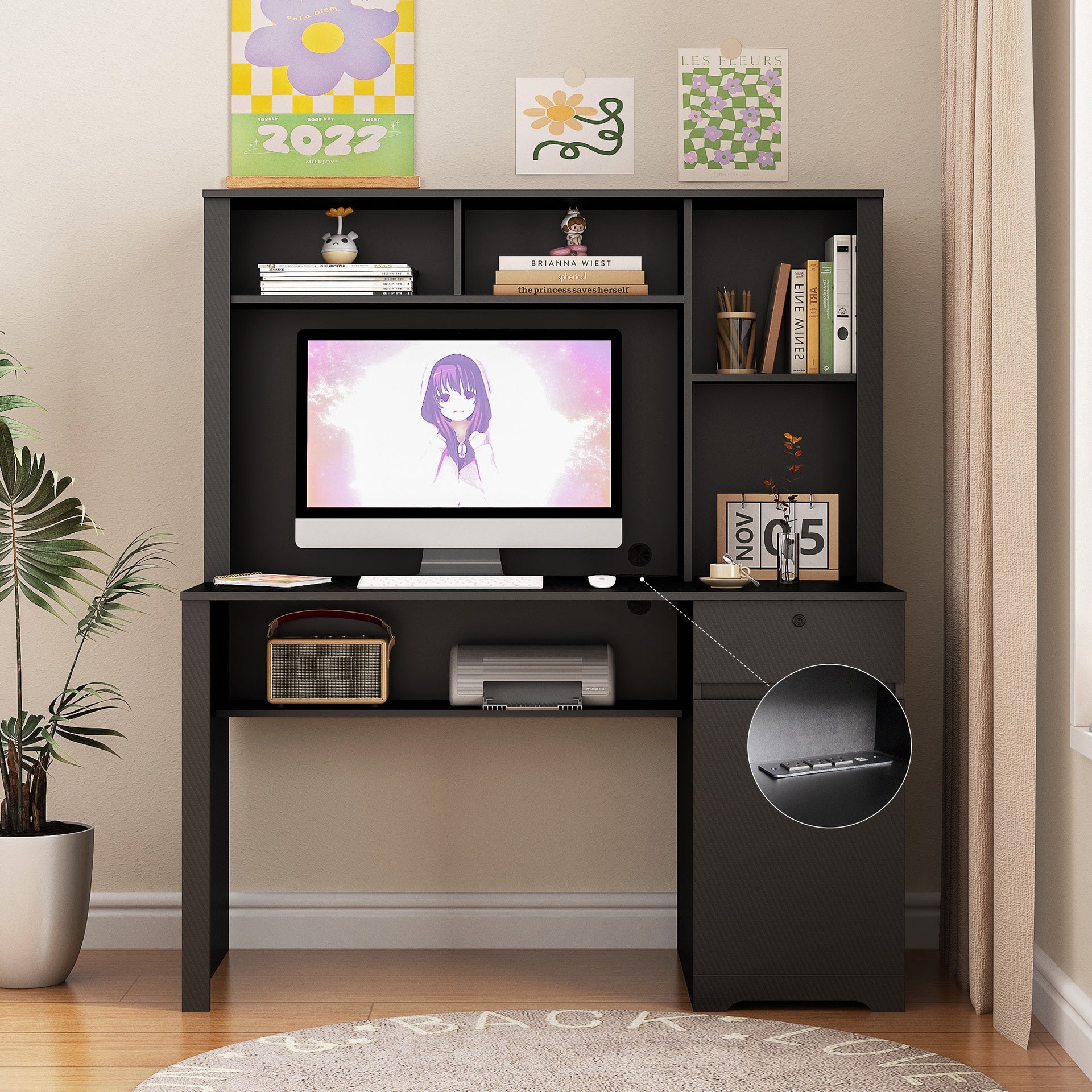 Computer Desk with Hutch & Bookshelf,Wood Executive Desk Teens Student Desk Writing Laptop Home Office Desk with Drawers,3 AC Outlets and 2 USB Charging Ports,Study Laptop Table for Home
