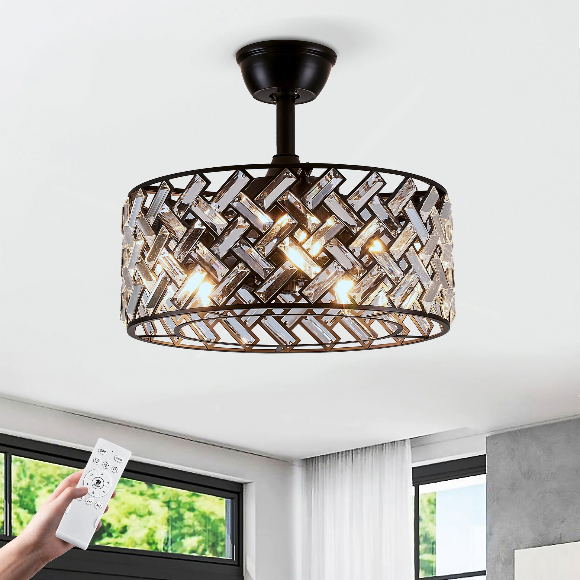 18'' Crystal Cage Ceiling Fan With Remote Control ,Quiet  Motor Fan Light ,, Indoor Crystal Chandelier Ceiling Fan For Bedroom, Living room, Dinning Room, Kids Room--Matte Black (bulbs not included.)
