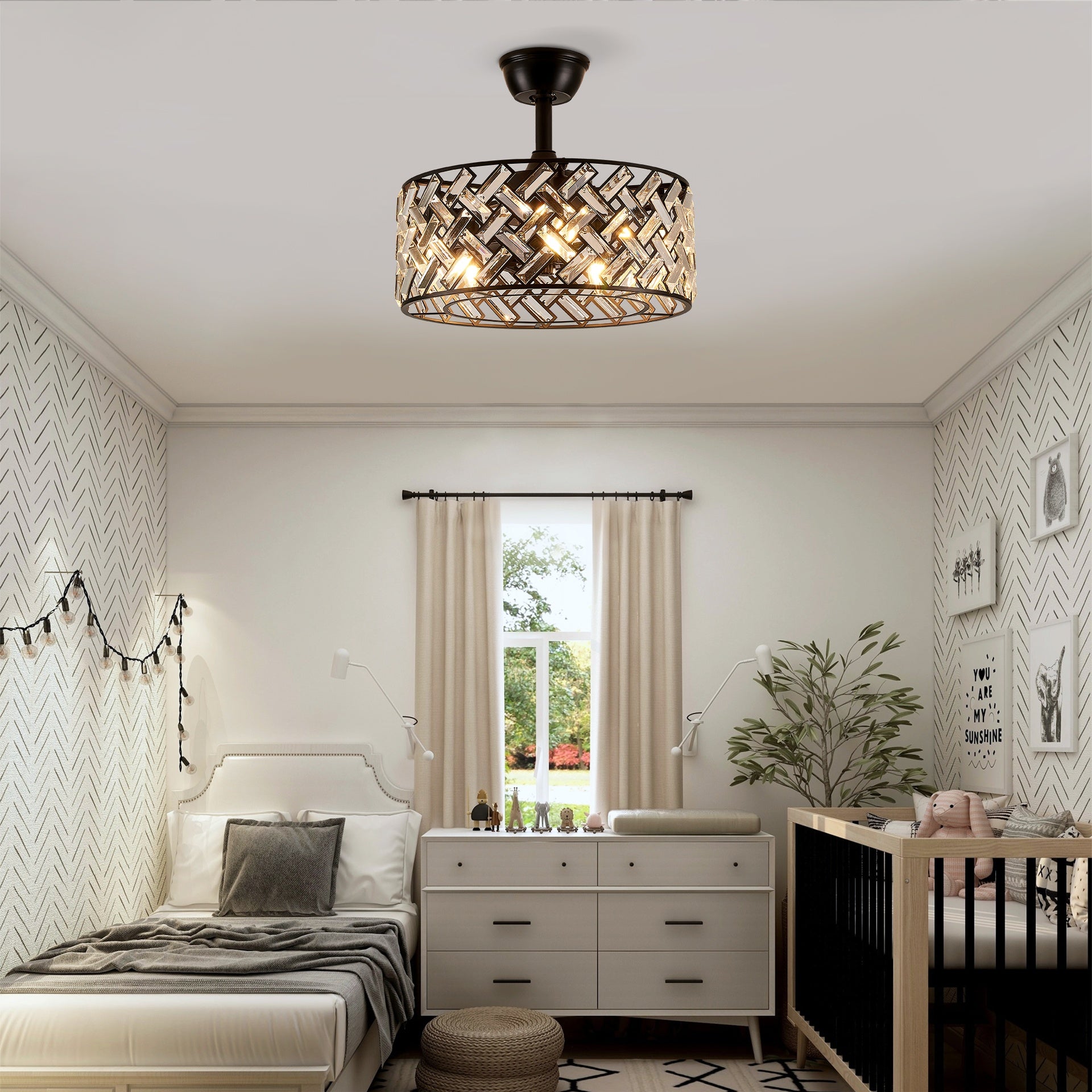 18'' Crystal Cage Ceiling Fan With Remote Control ,Quiet  Motor Fan Light ,, Indoor Crystal Chandelier Ceiling Fan For Bedroom, Living room, Dinning Room, Kids Room--Matte Black (bulbs not included.)