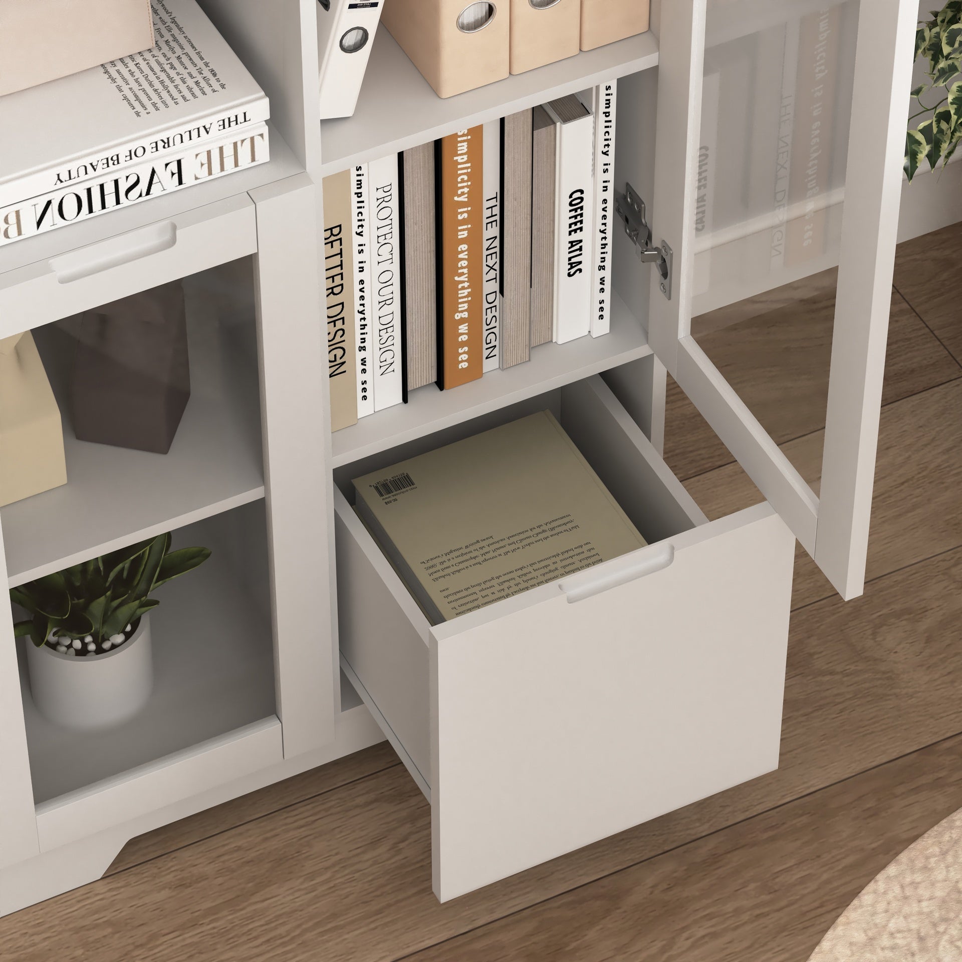 MDF painted Cabinet with Glass Doors and drawer, open storage space, White ,Bedroom, Living room