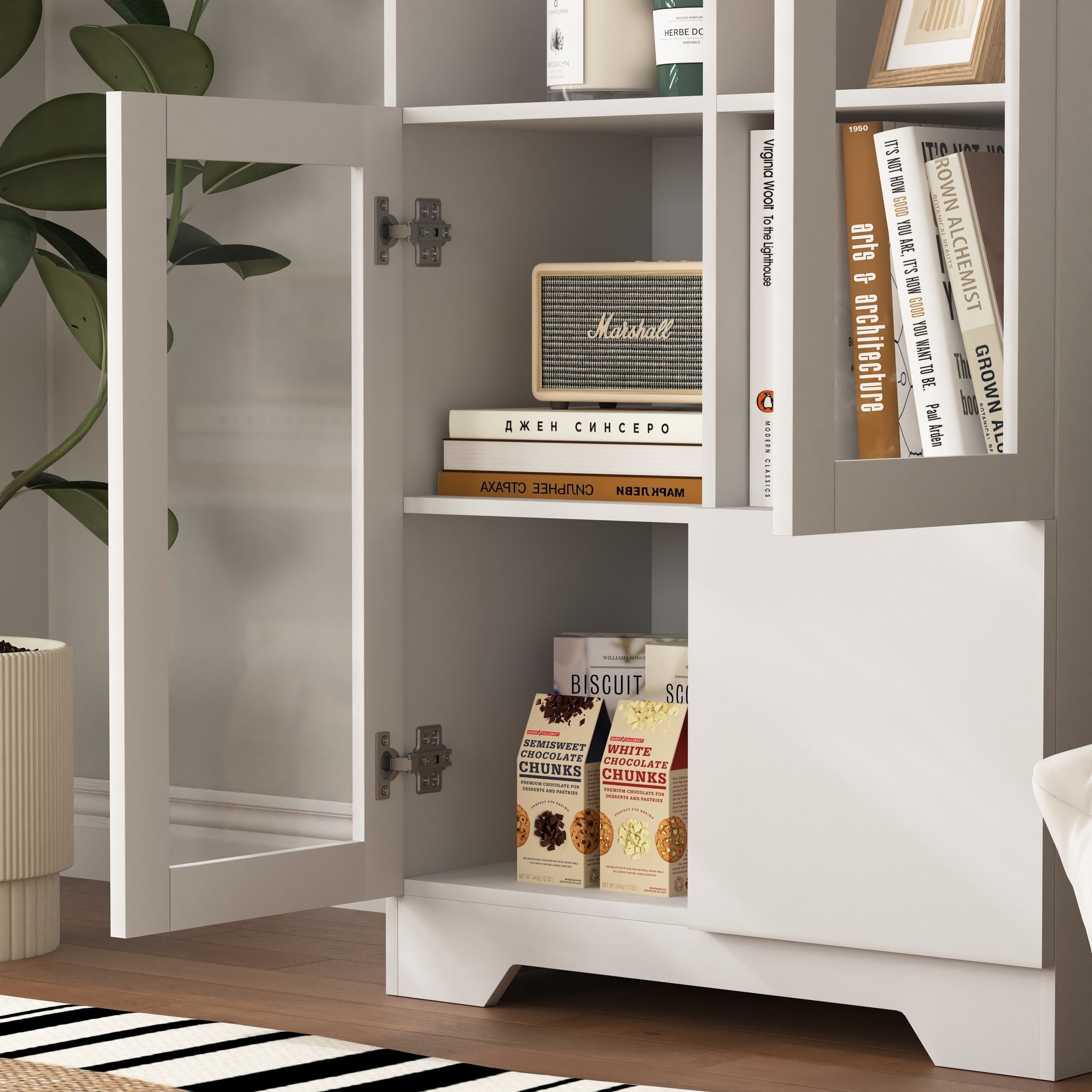 MDF painted Cabinet with Glass Doors and drawer, open storage space, White ,Bedroom, Living room
