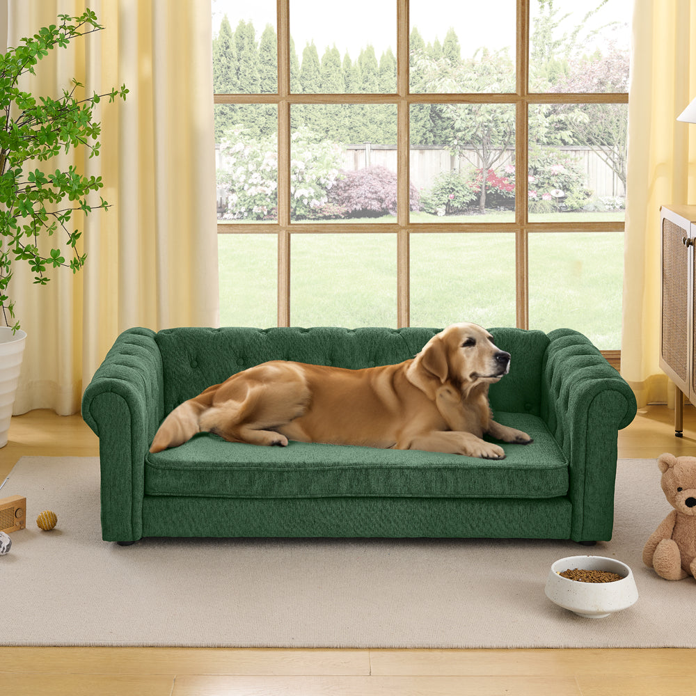 Elegant rectangular pet bed for big and oversized dogs, durable elevated dog sofa bed, comfortable dog sofa, modern and fashionable linen fabric dog sofa-OLIVE GREEN