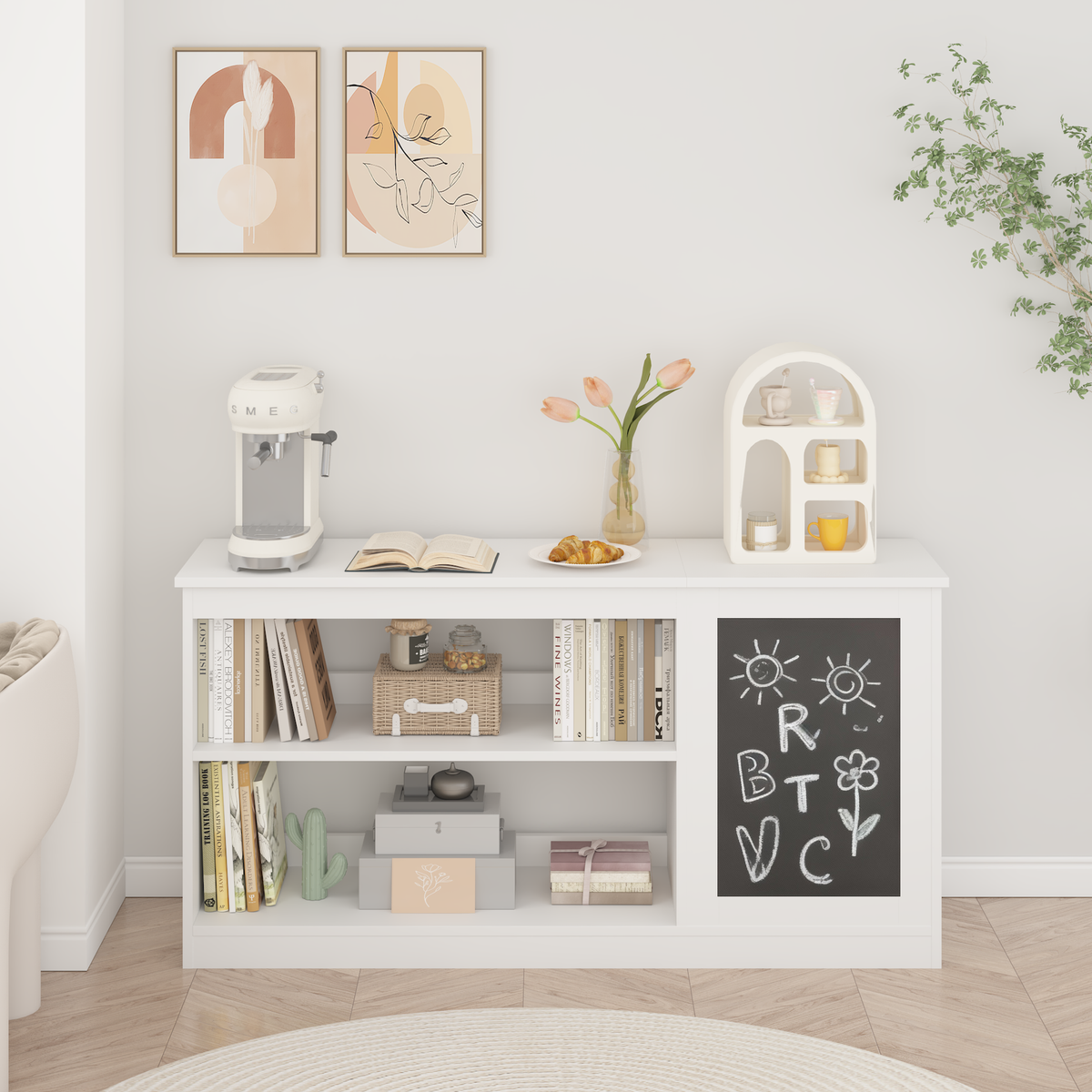 3-in-1 Kids Bookshelf and Toy Storage Cabinet with Chalkboard – Modern White Organizer for Playroom