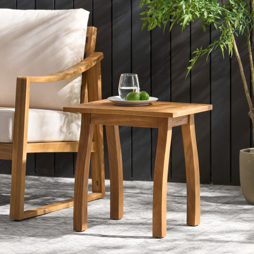 Patio Conversation Set, Outdoor Wood Leisure Seat(Set of 2),Armchair with Cushions,Selma Acacia Wood End Table ,Teak Finish,Dark Grey cushion