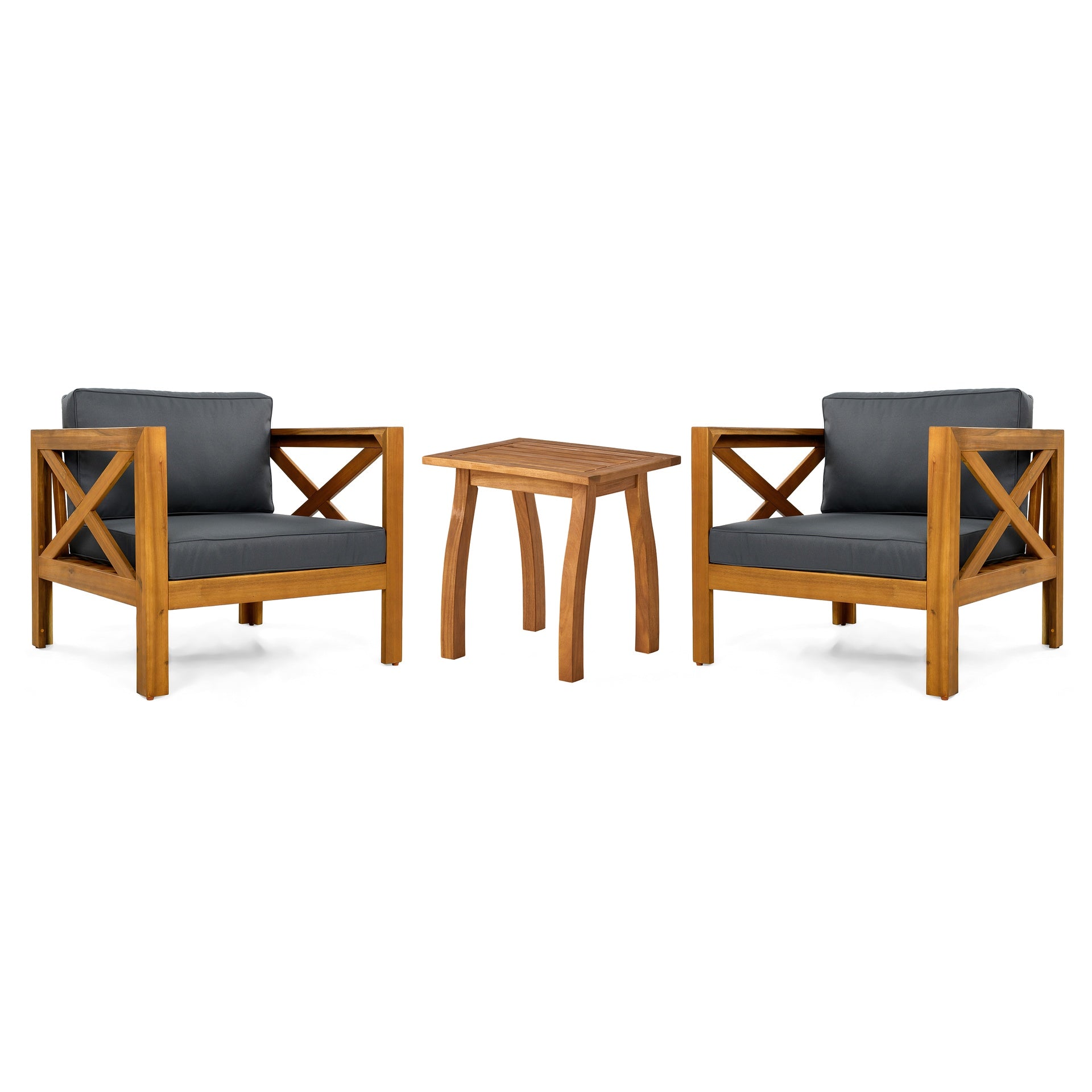 Patio Conversation Set, Outdoor Wood Leisure Seat(Set of 2),Armchair with Cushions,Selma Acacia Wood End Table ,Teak Finish,Dark Grey cushion