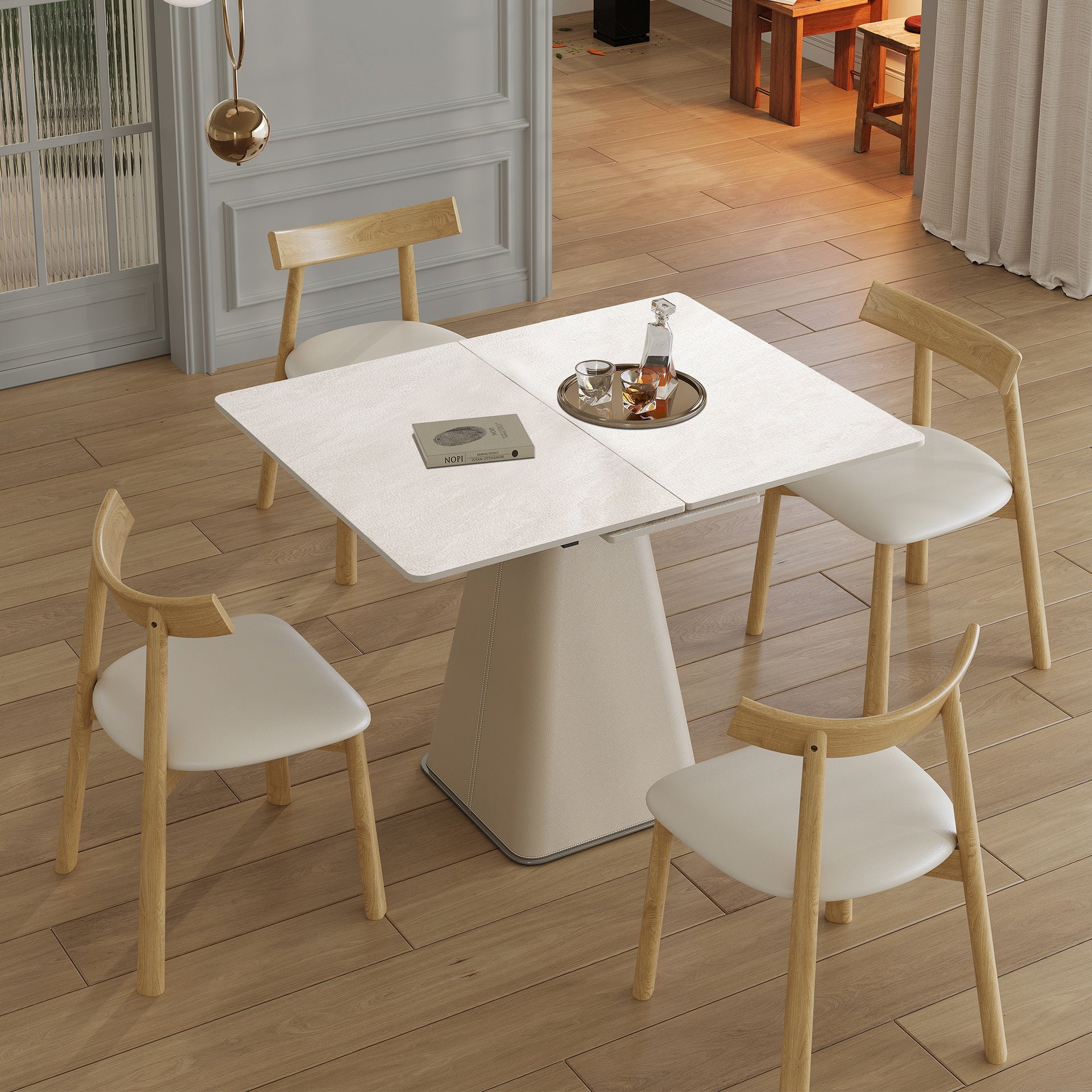 Retractable Rock Slab Dining Table Set, Modern 5-Piece Expandable Table with 4 Wooden Leg Chairs & Leather-Wrapped Base, Space Saving Kitchen Set for Small Apartments