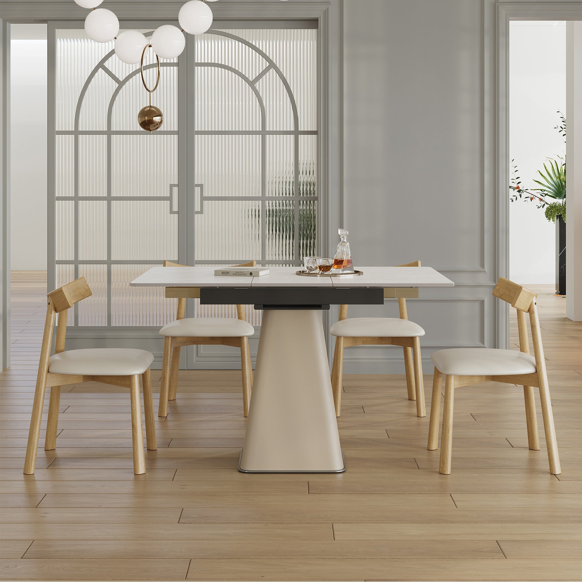 Retractable Rock Slab Dining Table Set, Modern 5-Piece Expandable Table with 4 Wooden Leg Chairs & Leather-Wrapped Base, Space Saving Kitchen Set for Small Apartments