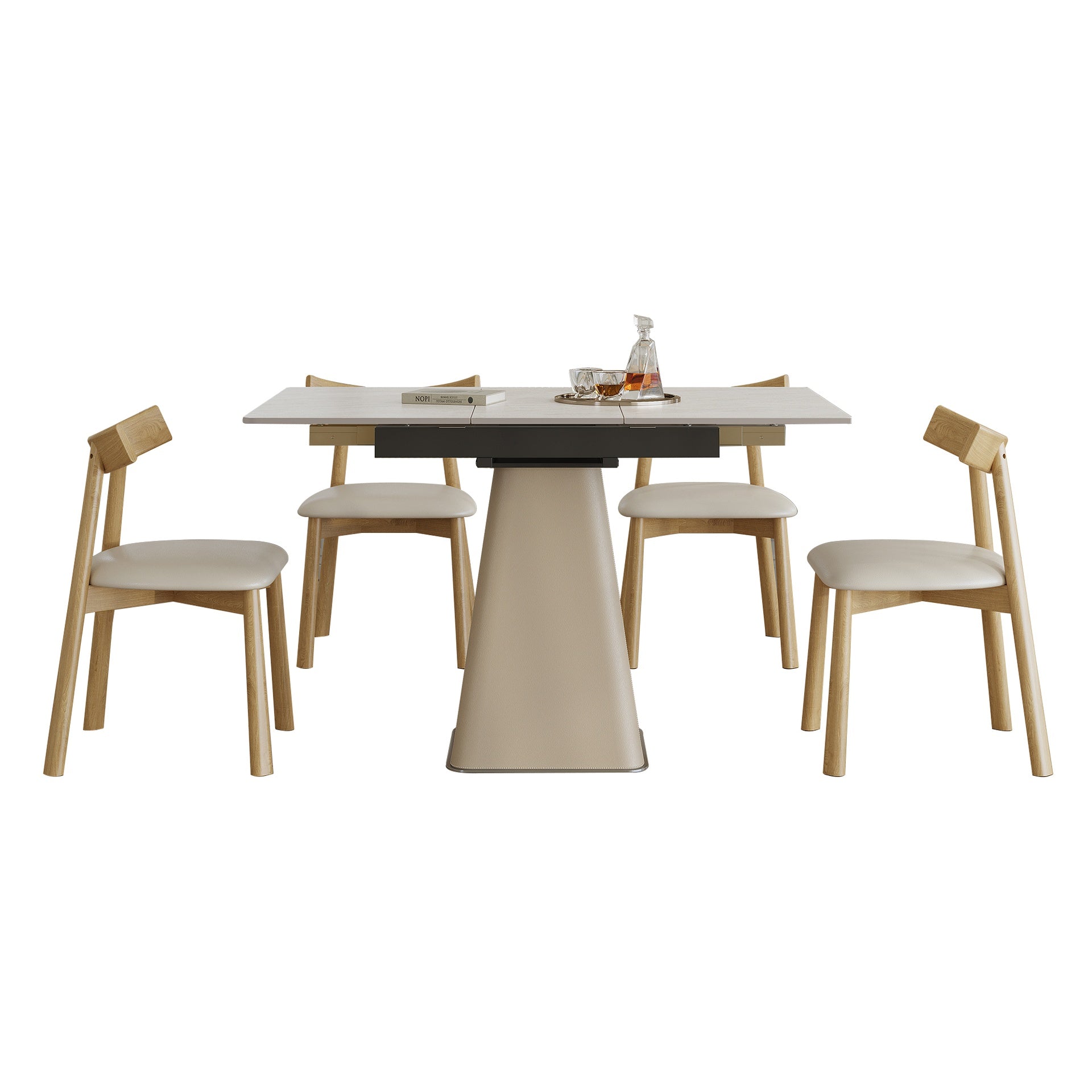Retractable Rock Slab Dining Table Set, Modern 5-Piece Expandable Table with 4 Wooden Leg Chairs & Leather-Wrapped Base, Space Saving Kitchen Set for Small Apartments