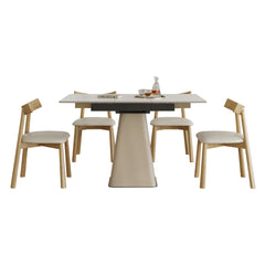 Retractable Rock Slab Dining Table Set, Modern 5-Piece Expandable Table with 4 Wooden Leg Chairs & Leather-Wrapped Base, Space Saving Kitchen Set for Small Apartments