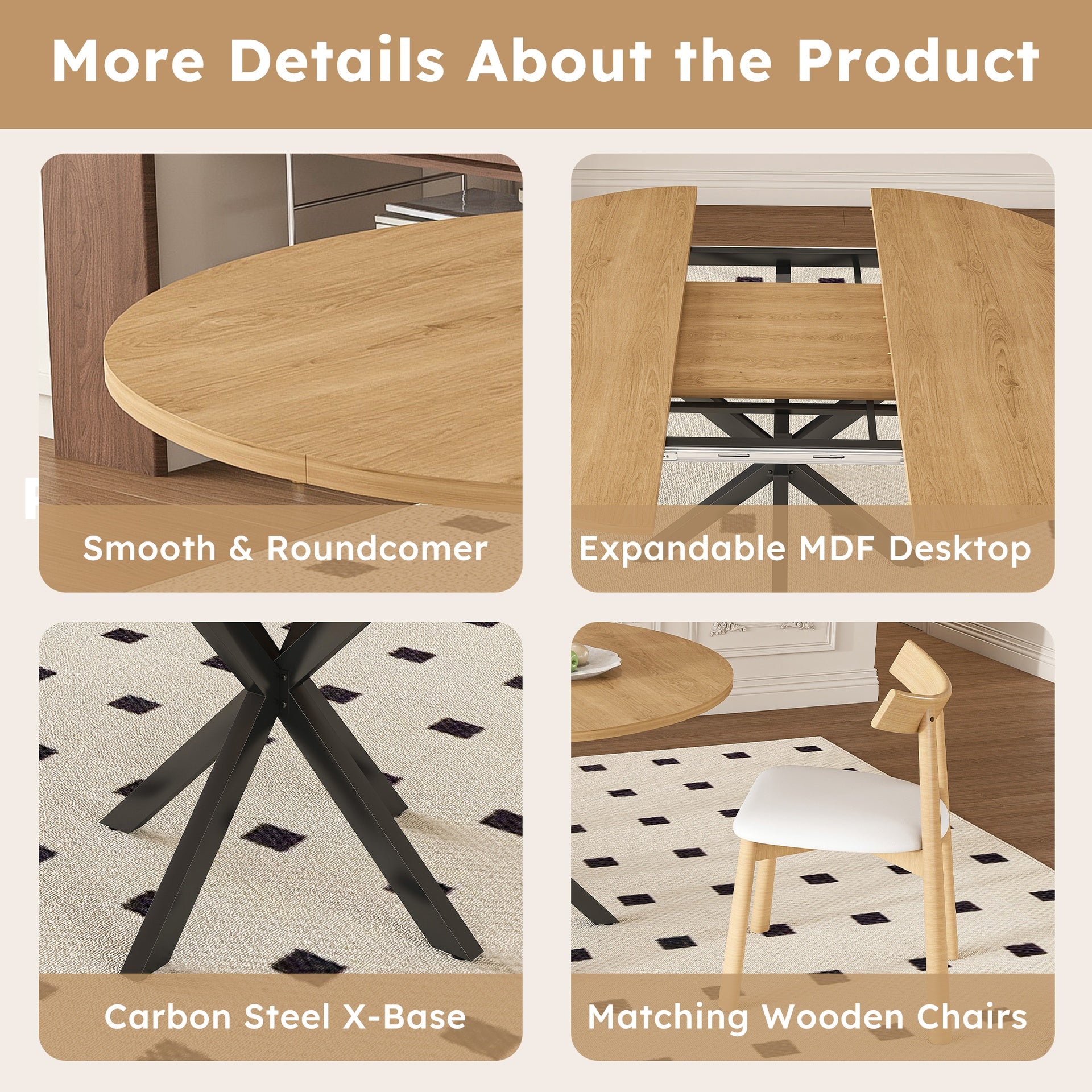Extendable Round Dining Table Set for 2-6 Person, 43 to 58 Inch Oak Finish Expandable Table with Carbon Steel Base & 4 Solid Wood Chairs, Modern Space Saving Dining Room Furniture