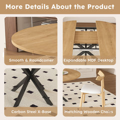 Extendable Round Dining Table Set for 2-6 Person, 43 to 58 Inch Oak Finish Expandable Table with Carbon Steel Base & 4 Solid Wood Chairs, Modern Space Saving Dining Room Furniture