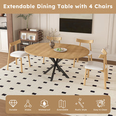 Extendable Round Dining Table Set for 2-6 Person, 43 to 58 Inch Oak Finish Expandable Table with Carbon Steel Base & 4 Solid Wood Chairs, Modern Space Saving Dining Room Furniture