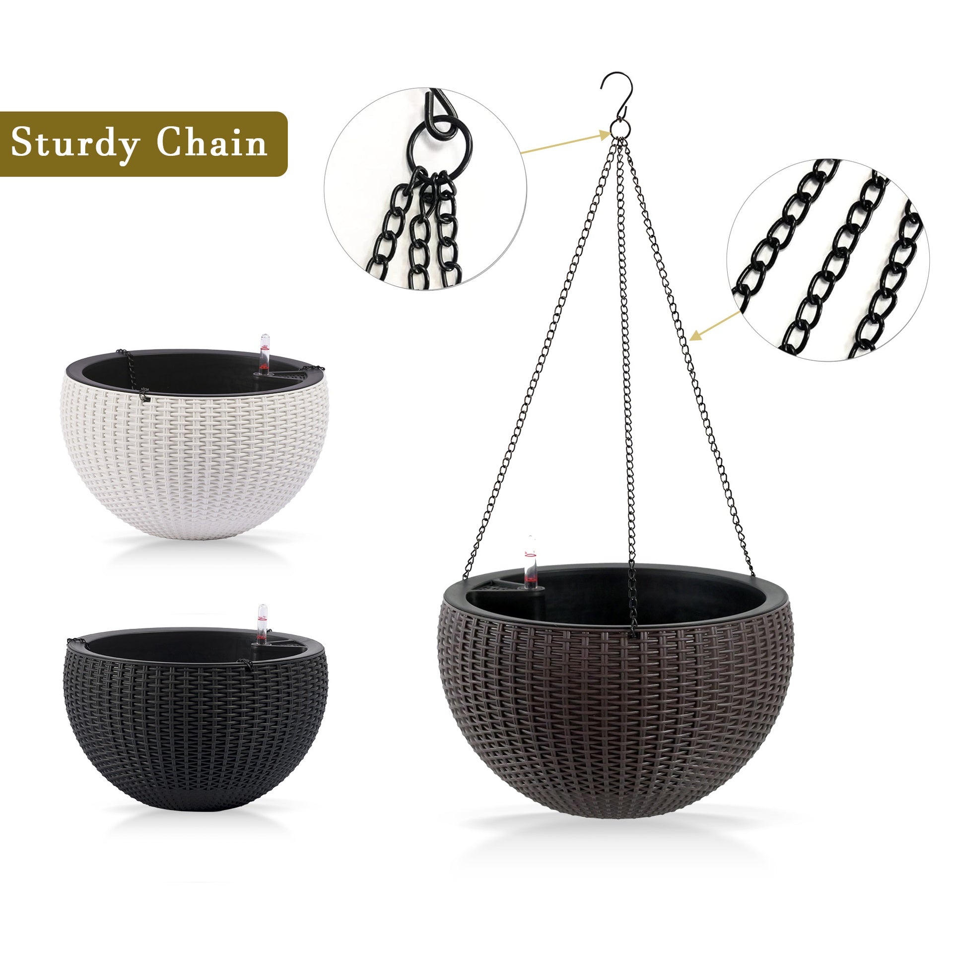 13.4 inch Self-Watering Hanging Rattan-Inspired Planter Large Capacity, Root-Rot Resistant Water Storage with Water Level Indicator, Dual-Use for Indoor & Balcony Decoration (Pack of 2, Brown)