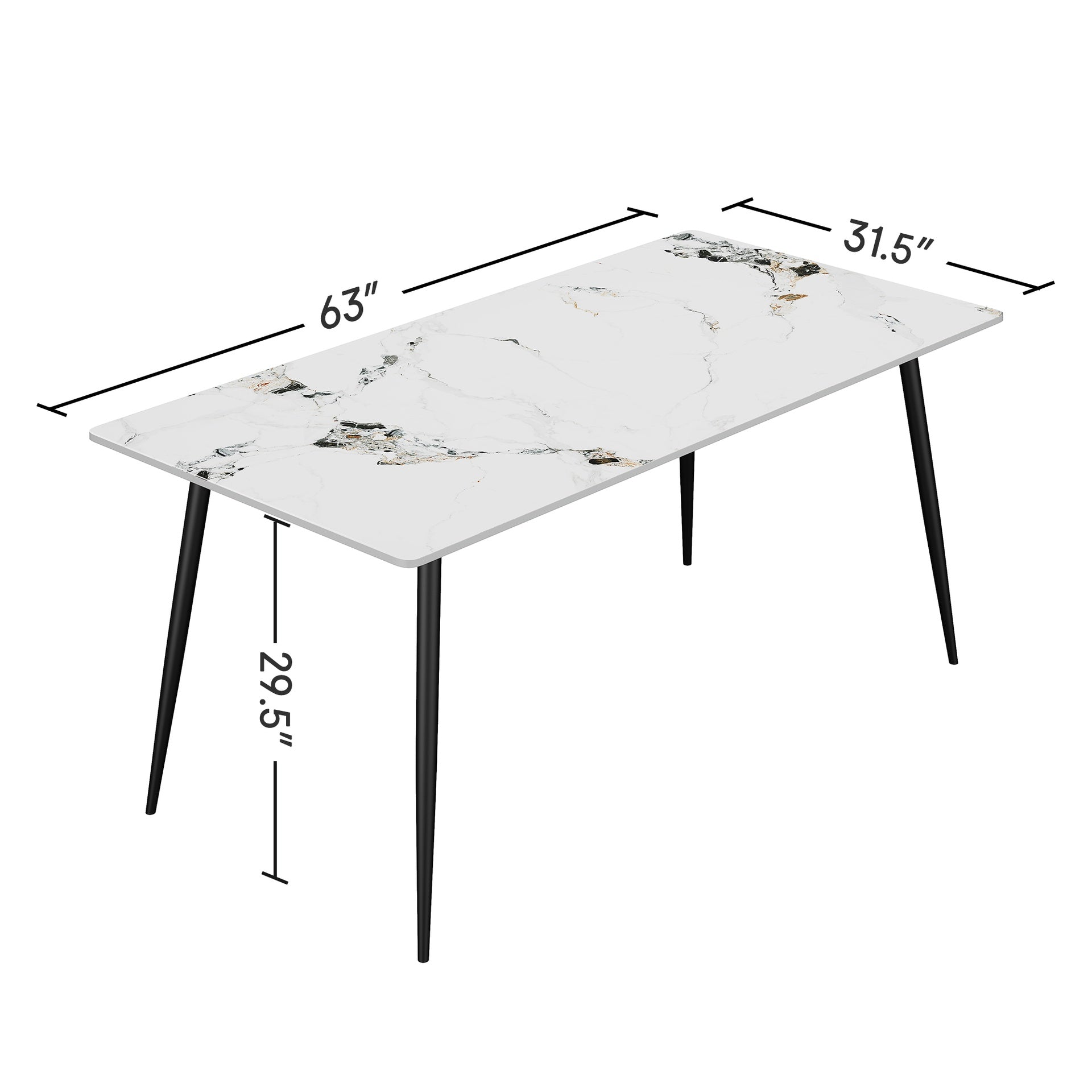 Dining Table with Sintered Stone Tabletop and Metal Legs, 63" Rectangular Modern Kitchen & Dining Room Table