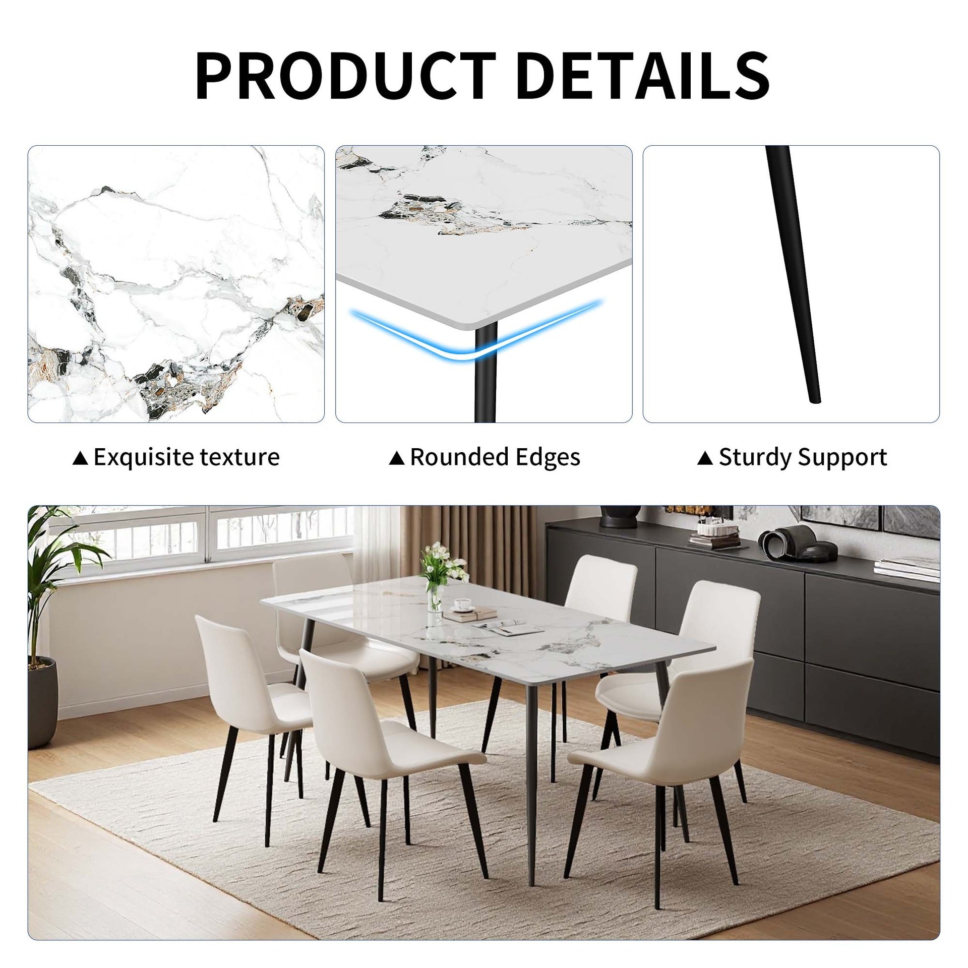 Dining Table with Sintered Stone Tabletop and Metal Legs, 63" Rectangular Modern Kitchen & Dining Room Table