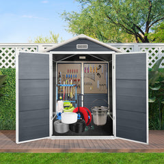 6ft x 6ft Plastic Outdoor Storage with Floor and Lockable Door Plastic Garden Shed for Backyard, Lawn, Cold Grey