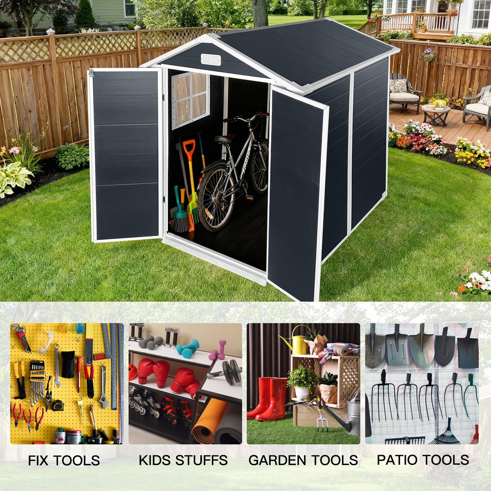 6ft x 6ft Plastic Outdoor Storage with Floor and Lockable Door Plastic Garden Shed for Backyard, Lawn, Cold Grey