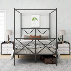 Metal Canopy Bed Frame, Platform Bed Frame  with X Shaped Frame Full Black