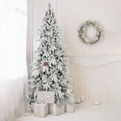 8 FT Flocked PE/PVC Christmas Tree with 44 Natural Pine Cones – 1634Tips, Space-Saving Design, Hinged Branches, Stable Metal Stand, Realistic Snowy Look