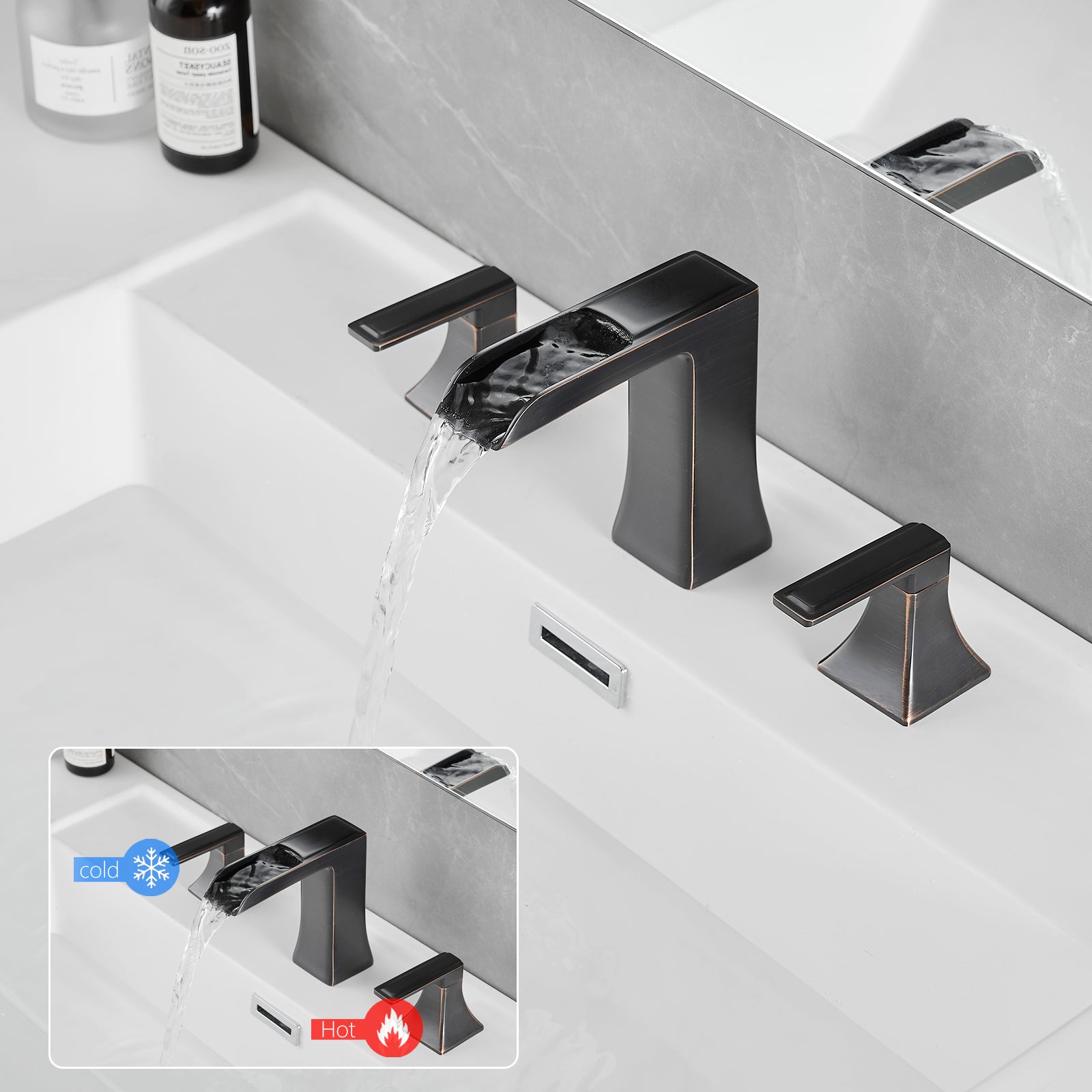 Bathroom Faucets for Sink 3 Hole ORB 8 inch Widespread Bathroom Sink Faucet with Pop Up Drain Double Lever Handle Faucet Bathroom Vanity Faucet Basin Mixer Tap Faucet with Hose