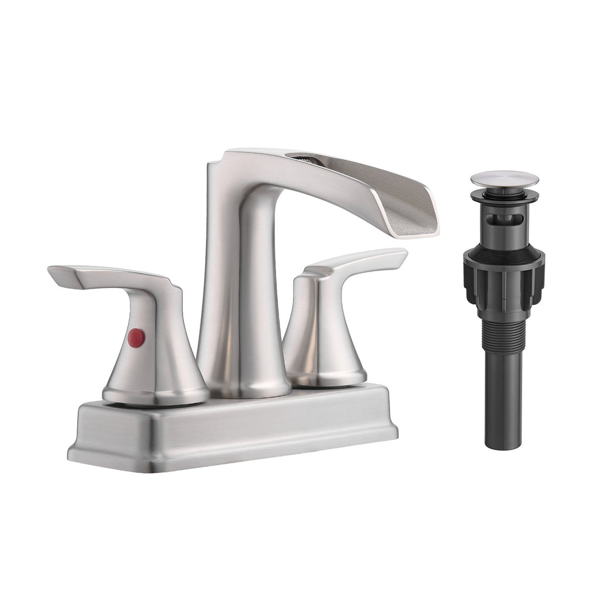 Brushed Nickel Bathroom Faucet - 4 Inch Centerset Waterfall Faucet With 2 Handles, 360 Degree Swivel Spout, 3 Hole Sink, Pop Up Drain