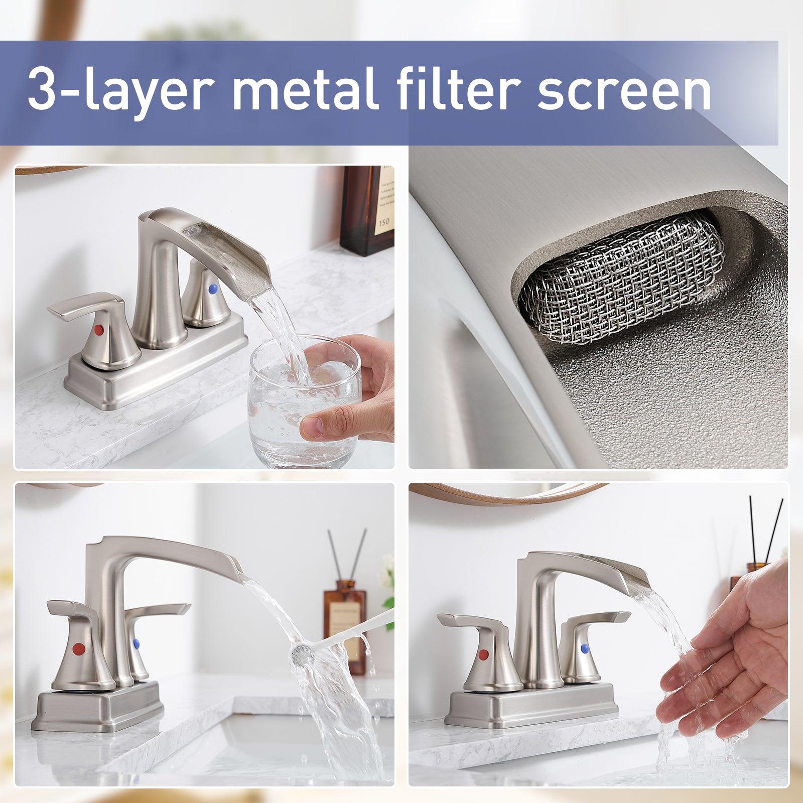 Brushed Nickel Bathroom Faucet - 4 Inch Centerset Waterfall Faucet With 2 Handles, 360 Degree Swivel Spout, 3 Hole Sink, Pop Up Drain