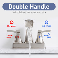 Brushed Nickel Bathroom Faucet - 4 Inch Centerset Waterfall Faucet With 2 Handles, 360 Degree Swivel Spout, 3 Hole Sink, Pop Up Drain