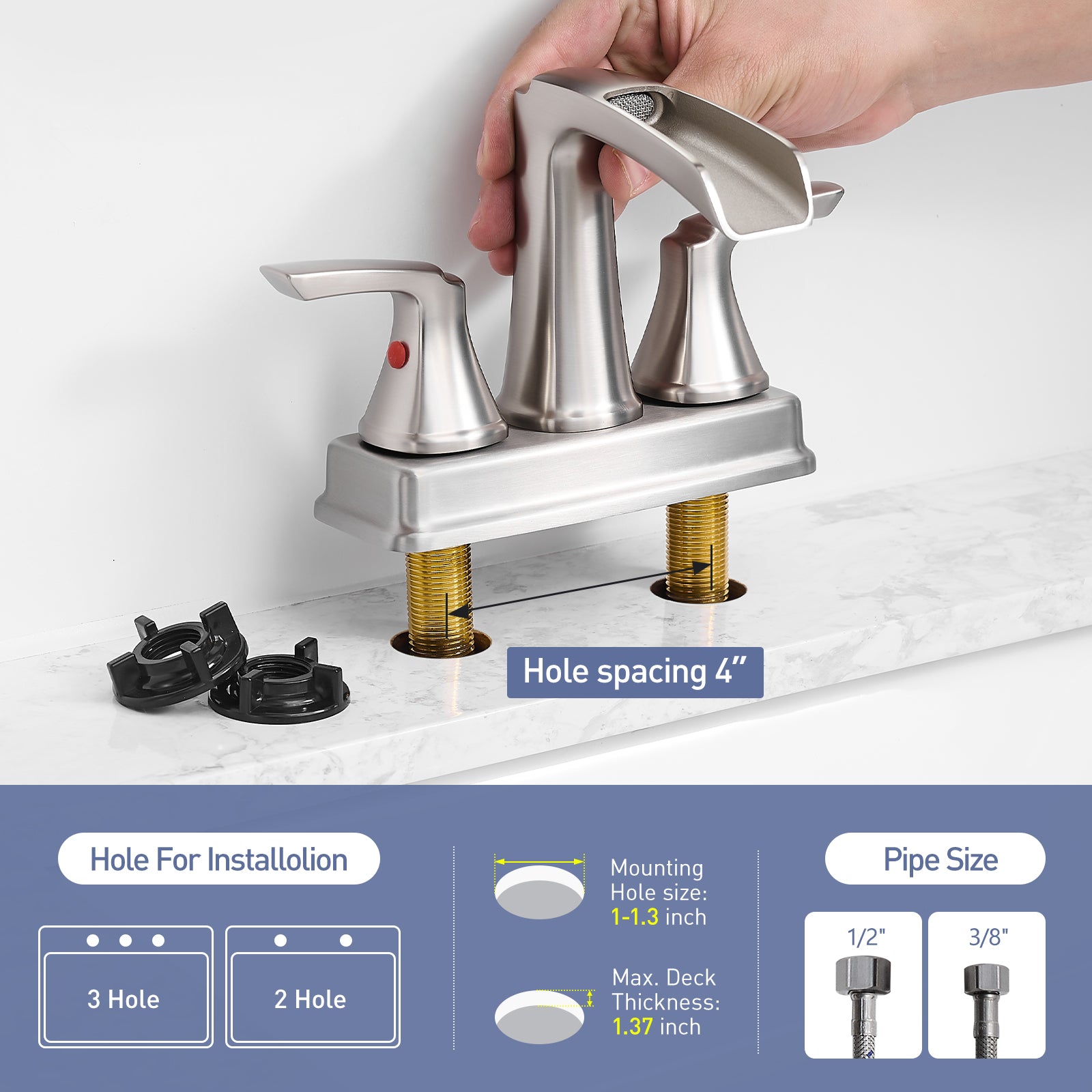 Brushed Nickel Bathroom Faucet - 4 Inch Centerset Waterfall Faucet With 2 Handles, 360 Degree Swivel Spout, 3 Hole Sink, Pop Up Drain