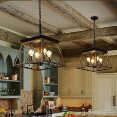 16" Walnut Industrial 4-Light Pendant Chandelier, Modern Metal Cage Design, Adjustable Hanging Light for Dining Room, Kitchen, Living Room (No Bulbs)
