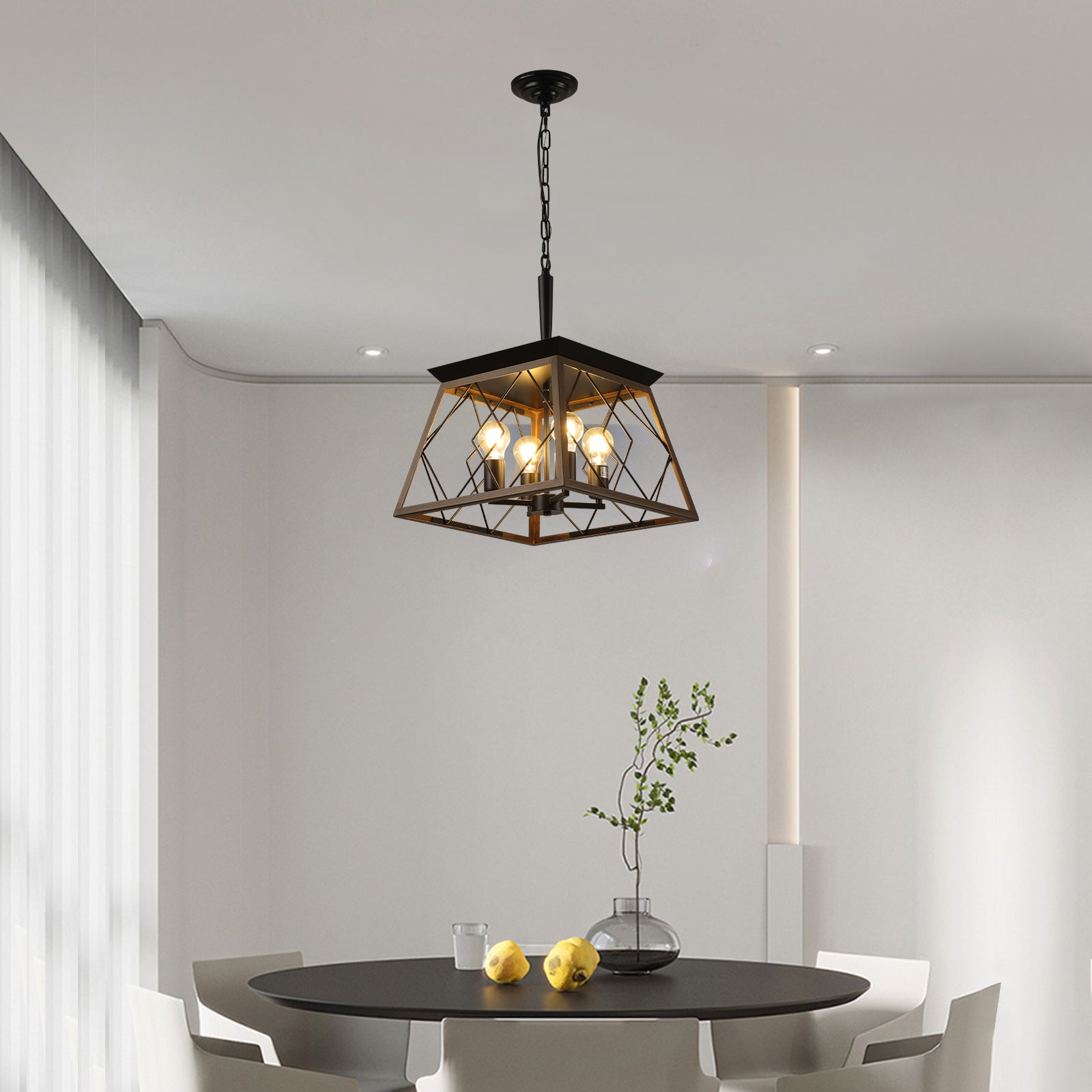 16" Walnut Industrial 4-Light Pendant Chandelier, Modern Metal Cage Design, Adjustable Hanging Light for Dining Room, Kitchen, Living Room (No Bulbs)